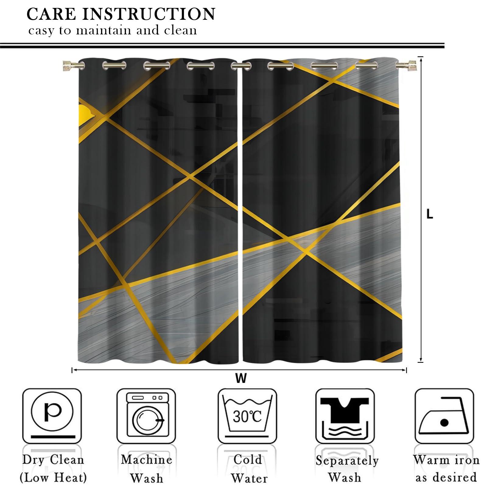 FNOIMO Black and Gray Irregular Geometry Blackout Curtains, Golden Luxury Abstract Lines Grommet Drapes 2 Panel Set, Grommet Thermal Insulated Window Curtain for Living Room Bedroom Office 104"W x 84"L