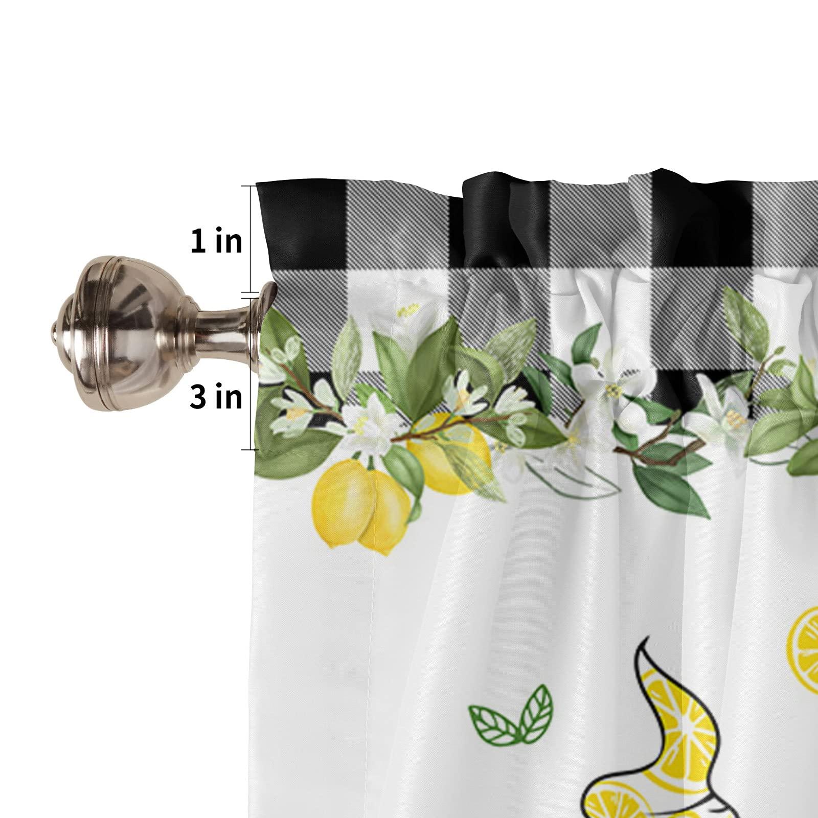 Jolunifun Kitchen Curtain 63 Inch Length, Summer Lemon Gnomes Farm Buffalo Check Border Window Curtains and Drapes for Cafe/Living Room, , 2 Panel Window Treatment Rod Pocket Drapery Panels Curtains 84x63