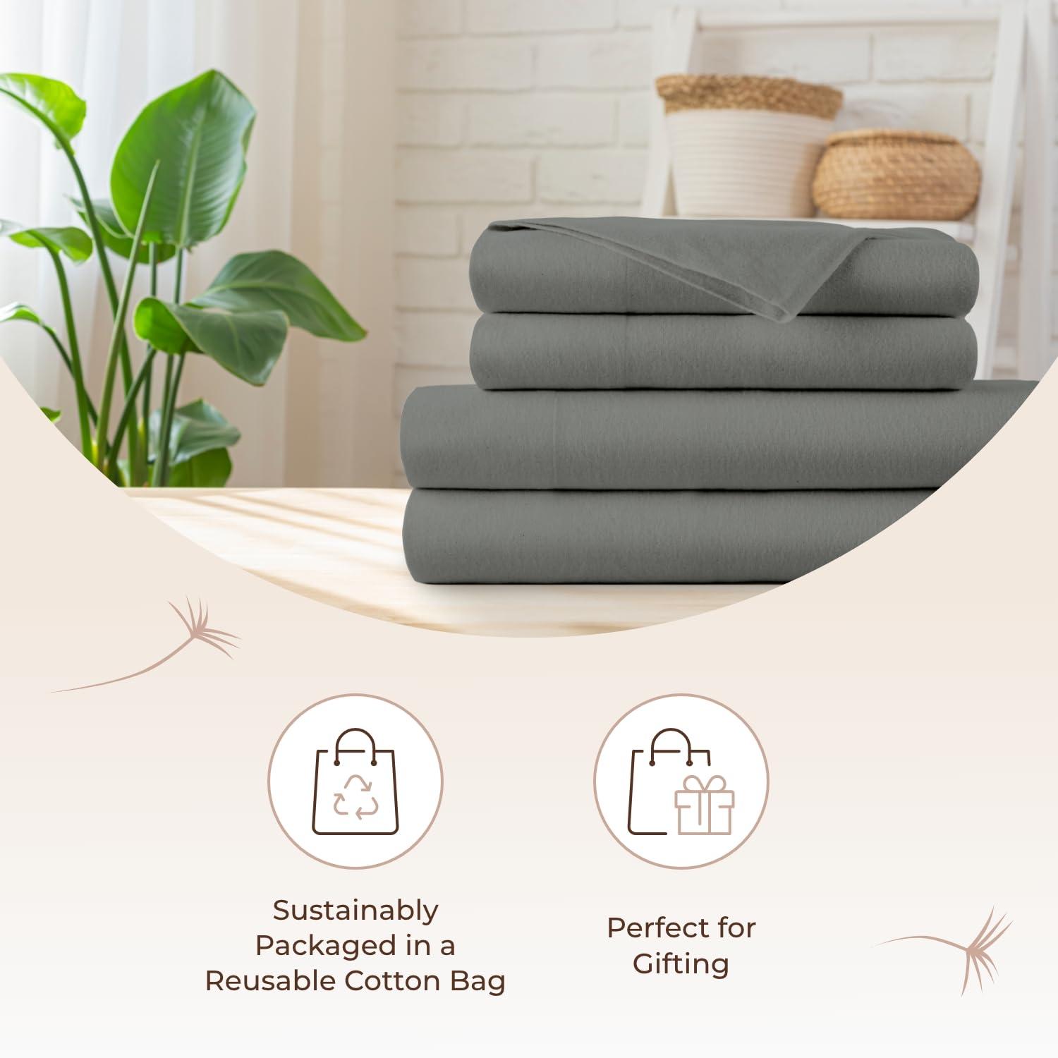 Whisper Organics 100% Organic Flannel Sheets King Size - GOTS Certified 100% Cotton Flannel Sheets Set with Comfortable Soft Brushed Finish & Deep Pocket - 1 Flat 1 Fitted & 2 Pillowcases (Dark Gray, King)