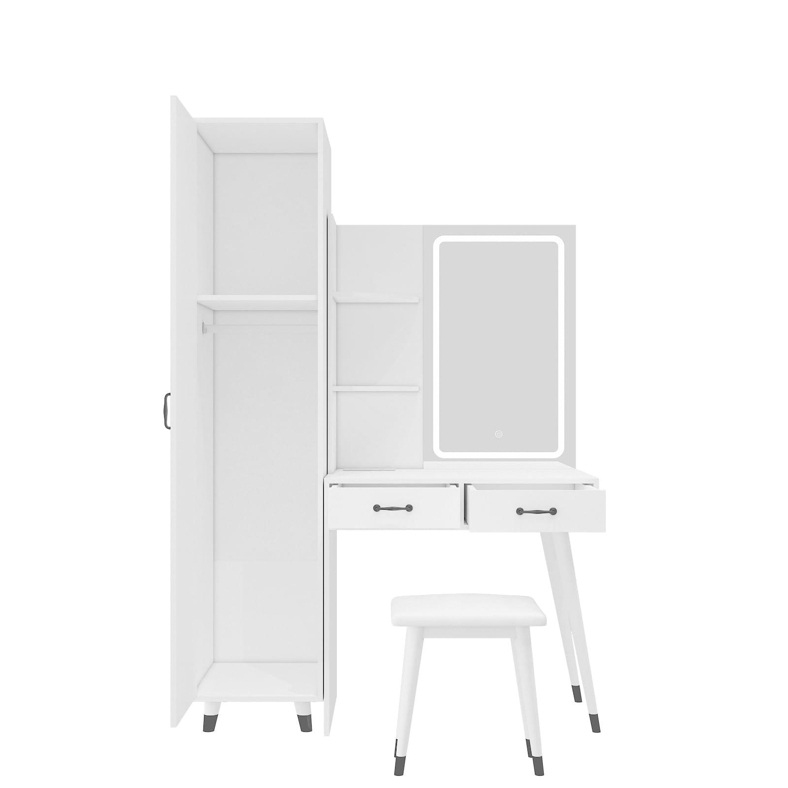 Thxbyebye White Makeup Vanity Desk with Side Storage Shelf, Vanity Table with Slim Cabinet, Dressing Table, Makeup Vanity Set with Side Cabinet, Makeup Vanity Table and Power Outlets, Makeup Table with Shelves