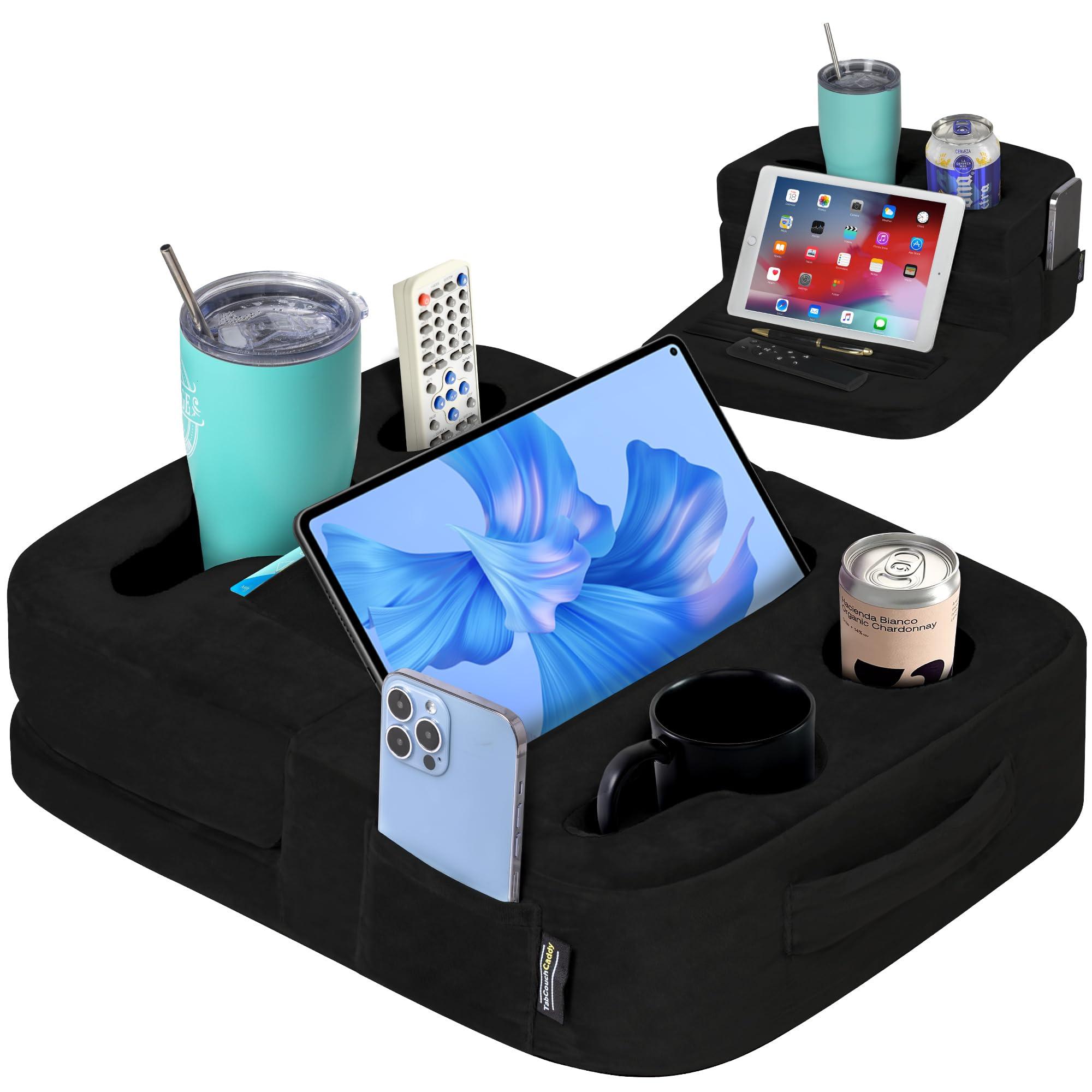 TabCouchCaddy TabCouchCaddy - Couch Cup Holder Tray Pillow - Bed, Couch Caddy, Sofa, RV & Car - Holds Drinks, Snacks, Remotes, Phones, Kindle, Tablet | Bed Cup Holder (Black)