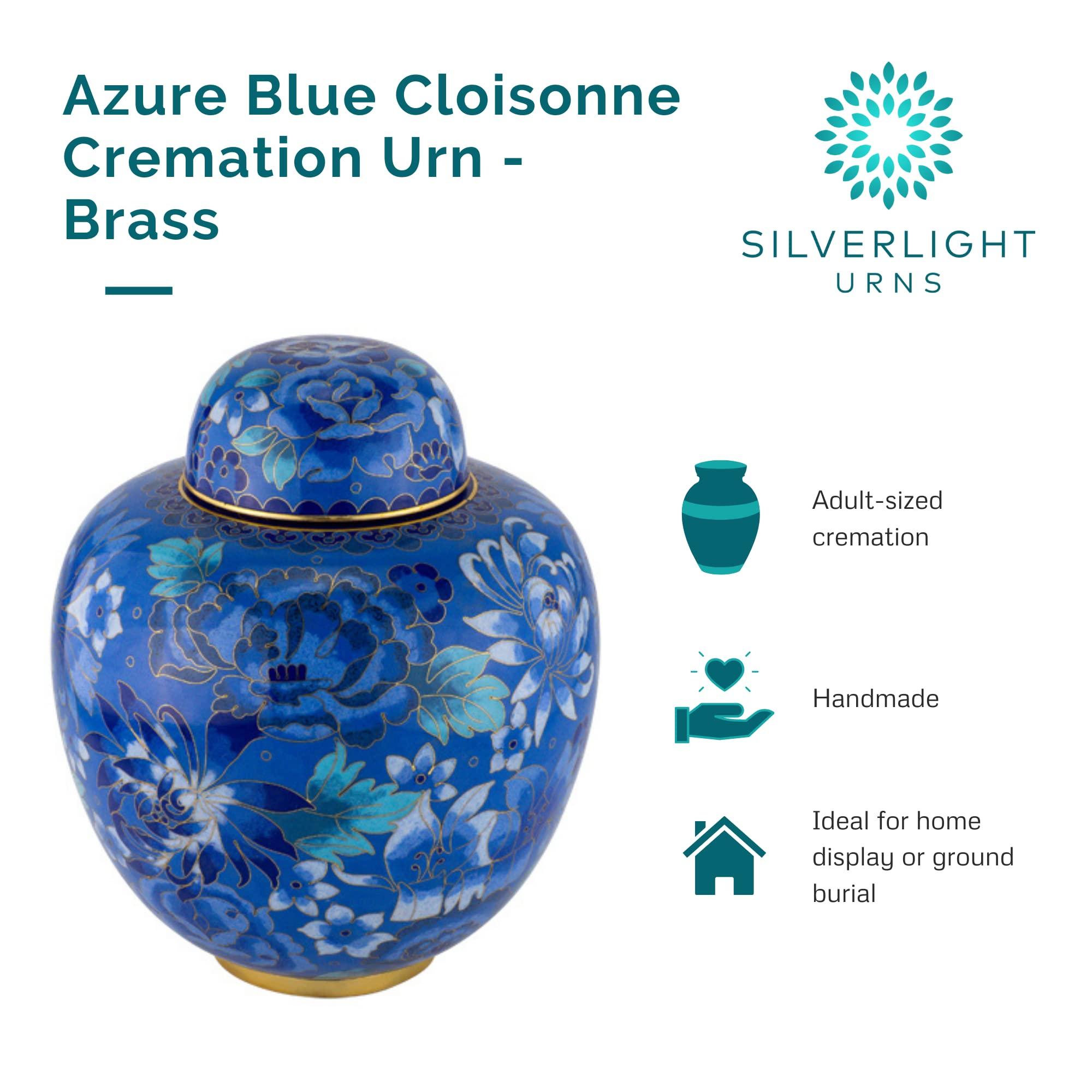 Silverlight Urns Azure Blue Cloisonne Cremation Urn for Ashes, Metal, Blue Enameled Urn, Adult Sized Cremation Urn, 9.5 Inches High