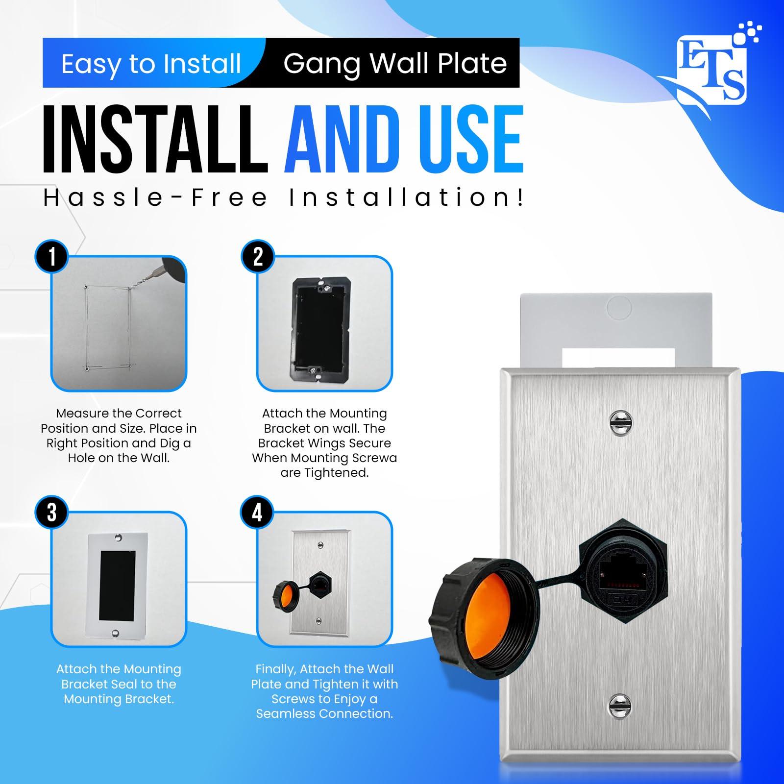 ETS Ethernet Wall Plate with RJ45 Wall Plate Connector IP67 Waterproof Ethernet Wall Outlet for Outdoor Use Stainless Steel Cat5e, Cat6 and Cat 6a Female to Female Bulkhead Jack
