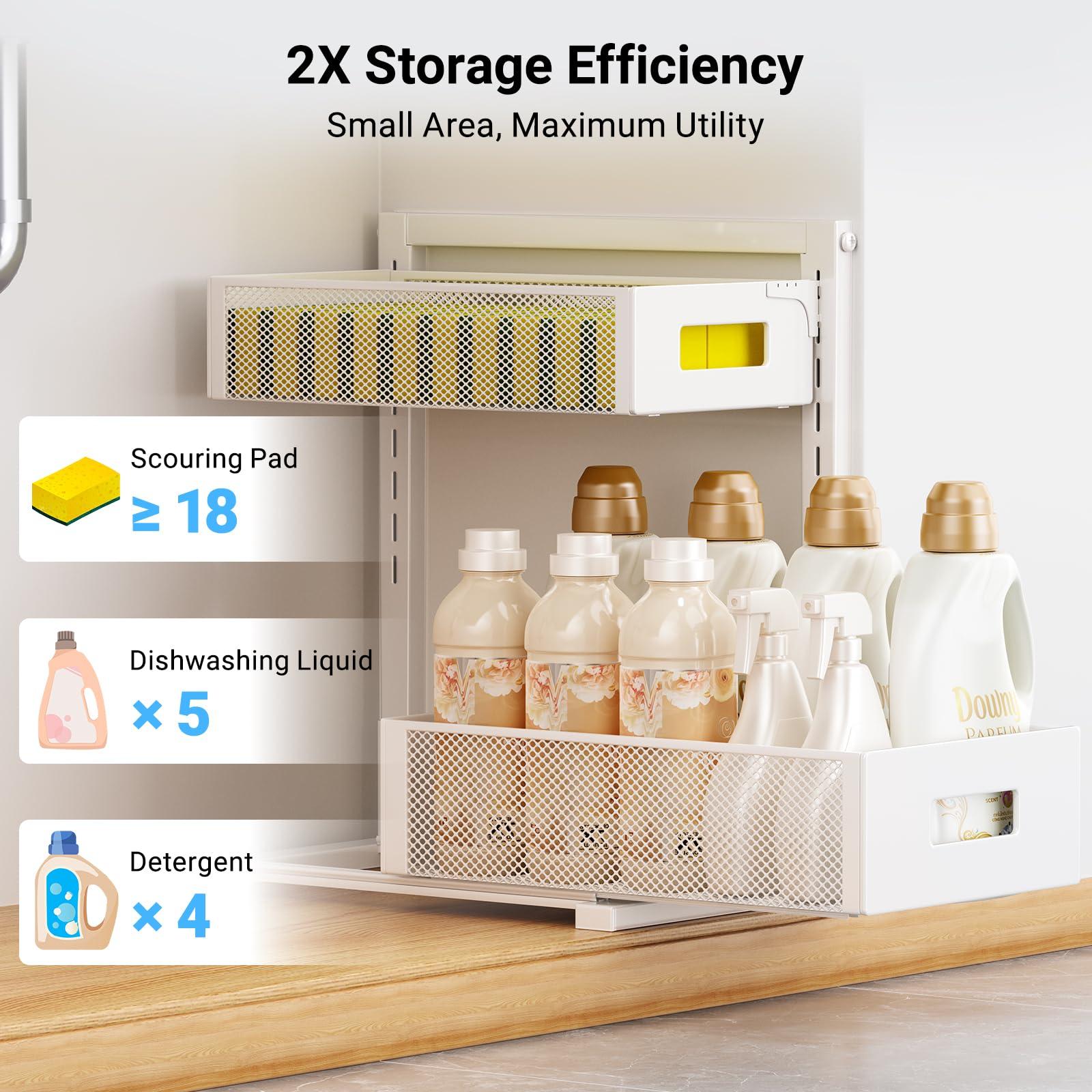 TISTAYA TISTAYA Pull-out Under Kitchen Sink Organizer, Metal Functional Under Sink Organizer, Height Adjustable Under Bathroom Sink Organizer, Under Sink Storage for Kitchen Bathroom Cabinet (White)