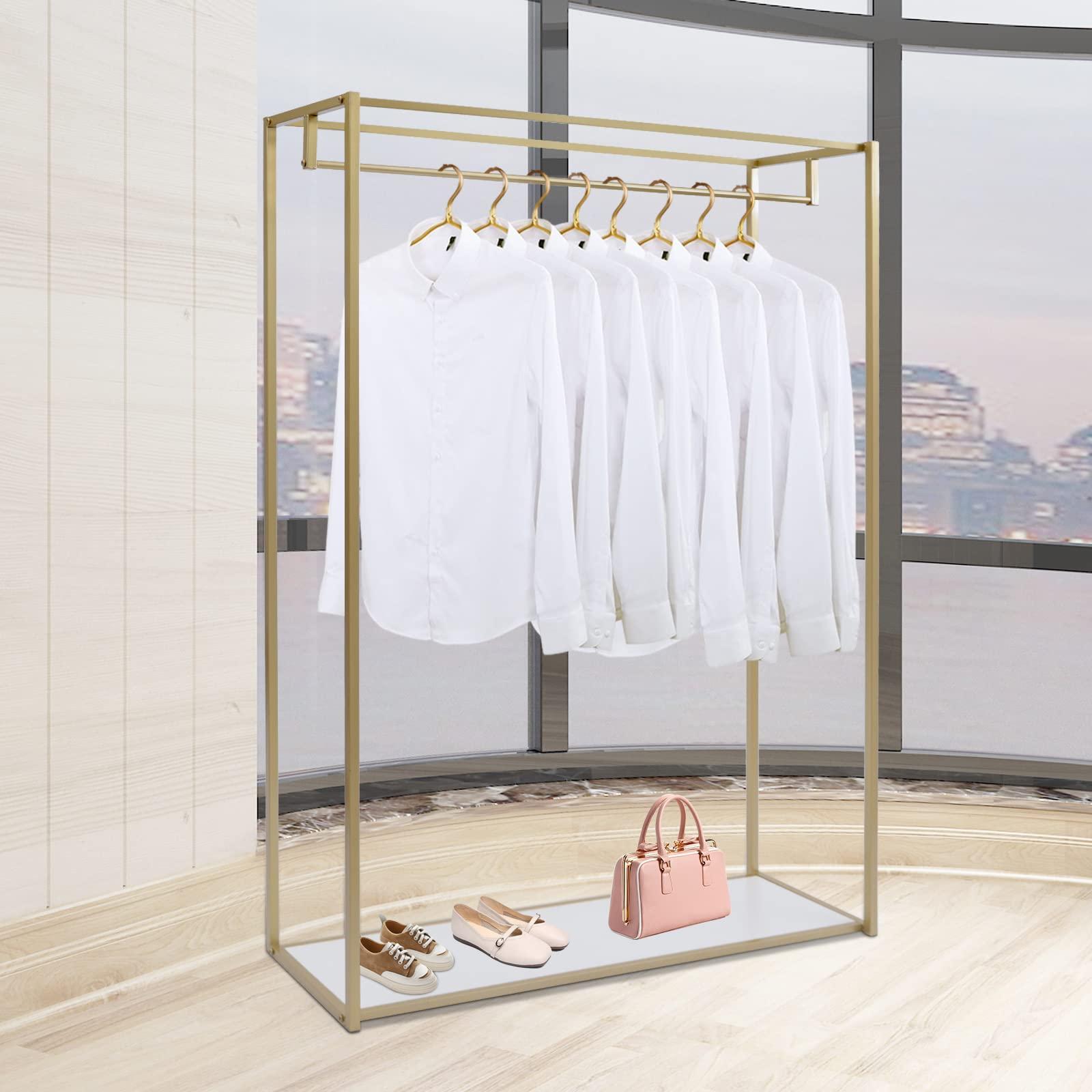 OSKOE 75"Retail Gold Clothing Racks with Shelves,Boutiques Garment Rack Wedding Dress Display Rack Metal Clothes Rack Heavy Duty Commercial Floor Standing Closet Hanging Rod Shoes Bag Clothes Organizer ( Co