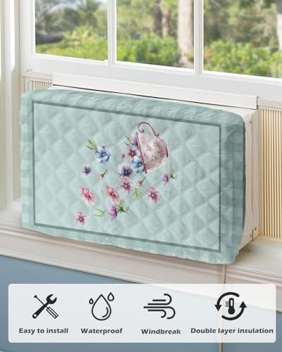 T&H XHome Indoor Air Conditioner Cover - Beautiful Dreamy Flower Cup SplashINg Cyan Buffalo Check Plaid Double Waterproof Adjustable Inside WINdow AC Unit Cover Parts with Free Elastic Straps, 21x15x3.5IN