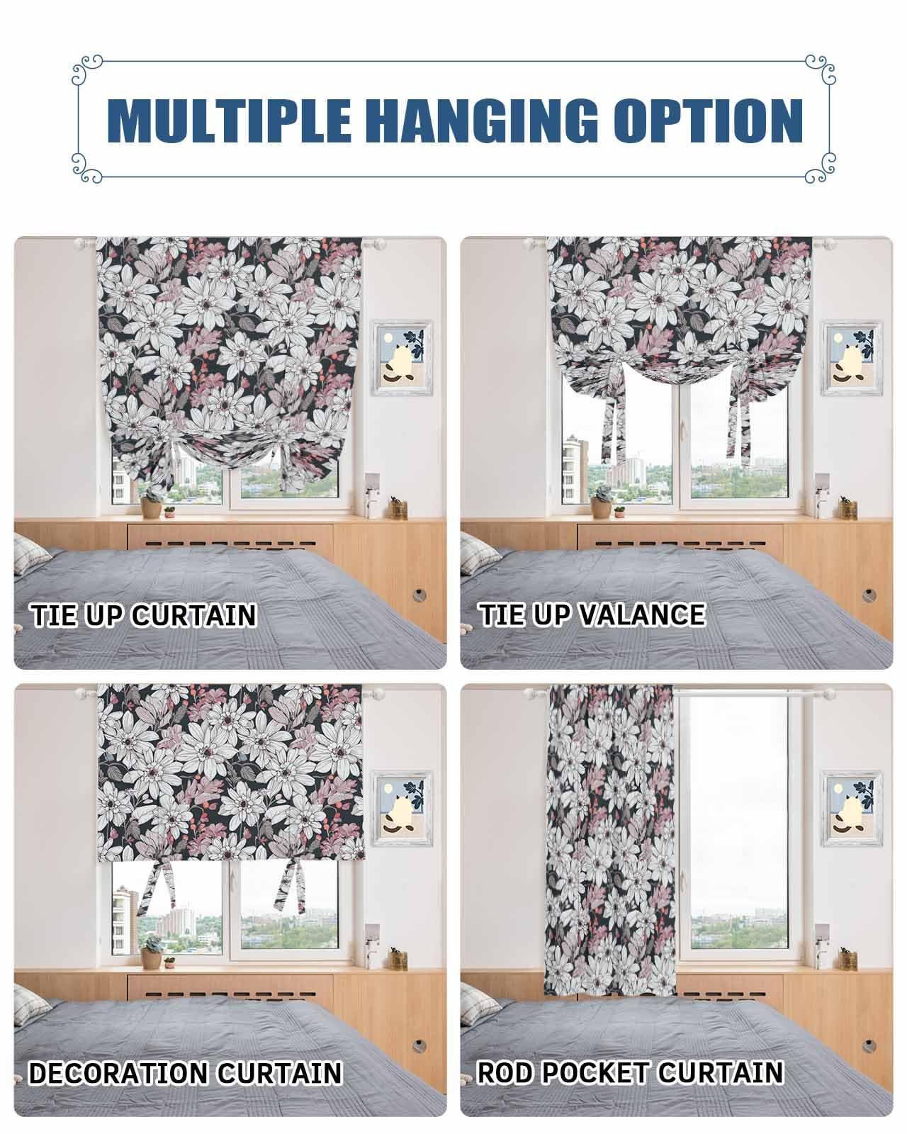 Anzona Anzona Kitchen Tie Up Curtains for Windows, Red White Spring Floral Adjustable Balloon Nature Linen Textured Curtain, Summer Botanical Classic Black Insulated Shades for Window Treatments, 42" x 54"
