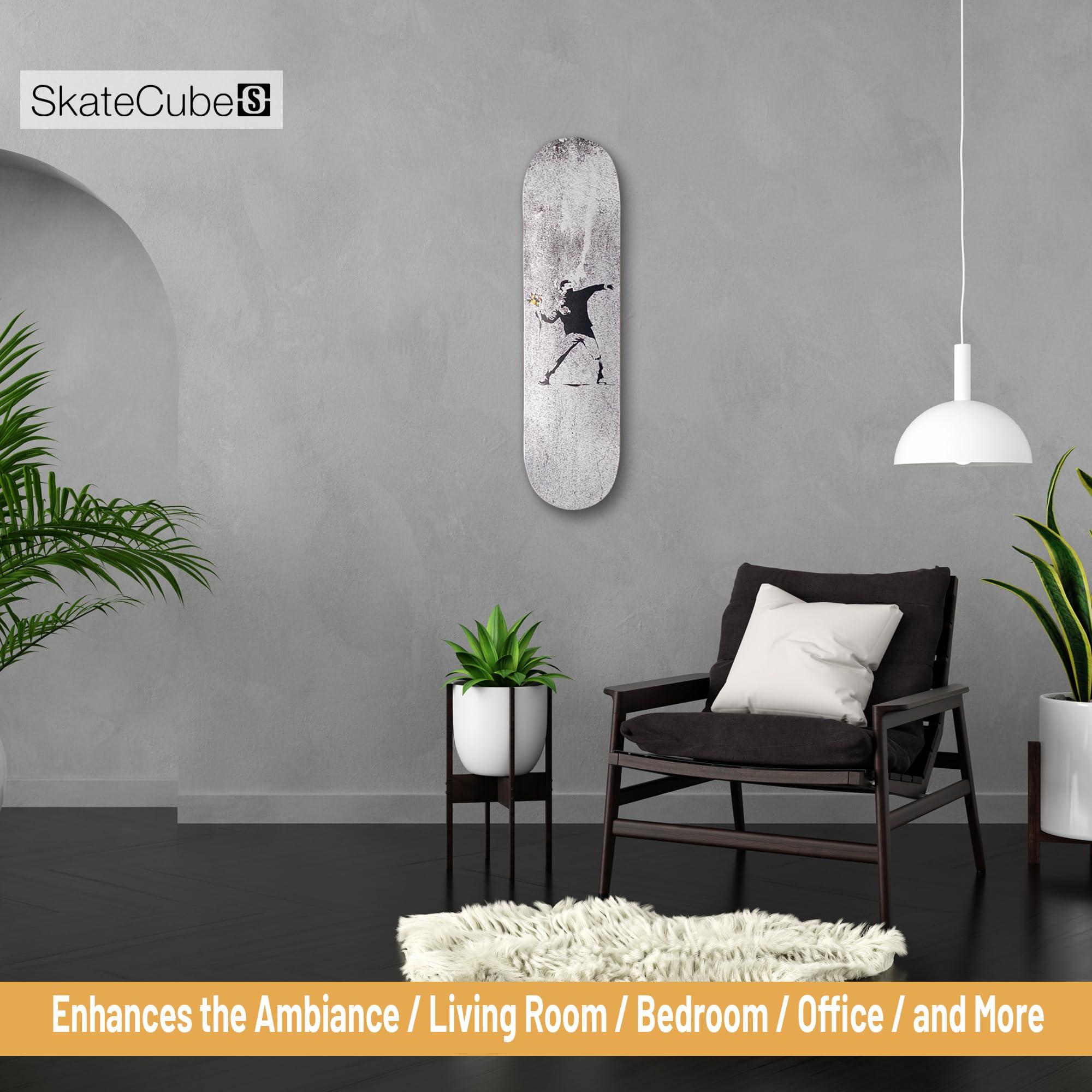 SkateCube Skateboard Canvas Wall Art Banksy Flower Thrower Art | 7 Ply Maple Wood Skateboard Deck | Graffiti Canvas Wall Art for Home Decor, Room Decor, Bathroom Wall Decor | Banksy Wall Art Canvas Large |