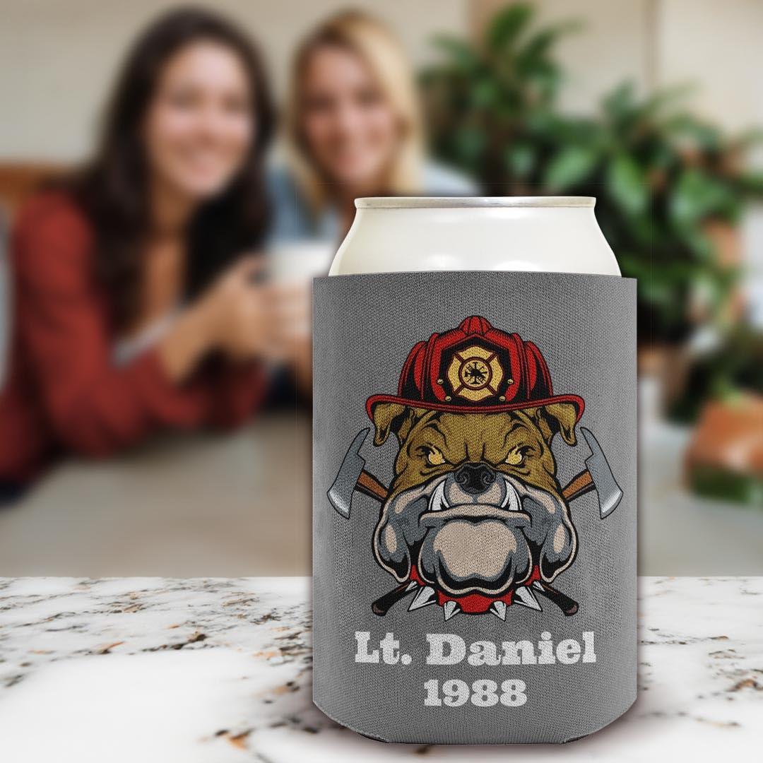 Personalized Gifts Fire Fighter Gifts For Son Personalized Firefighter Bulldog Mascot 12-Pack Personalized Can Coolie Drink Coolers Coolies Bulldog