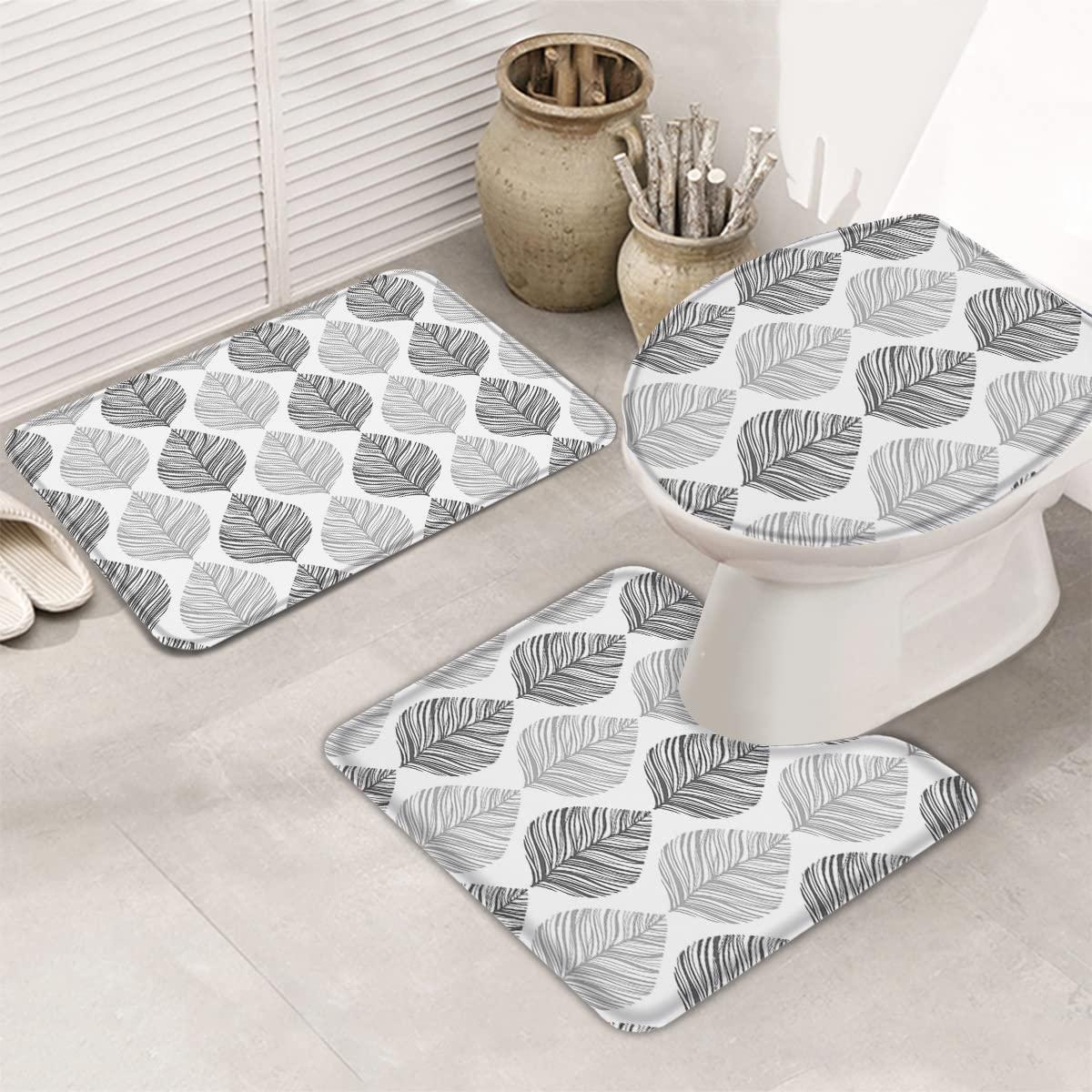 Big buy store Ombre Grey Leaves Bathroom Rug Set of 3 Include Non-Slip Contour Mat, U-Shape Toilet Lid Cover and Absorbent Bath Mat, Plant Textured Home Bath Decor - Small