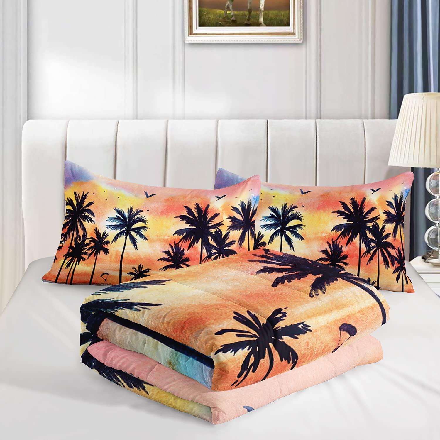 Axolotl Axolotl Beach Ocean Comforter Set Full,Coastal Beach Themed Bedding Set with Palm Trees Parachute for Girls Boys Kids Teens Adults Bedroom Decor,1 Hawaiian Comforter and 2 Pillowcases,Rainbow