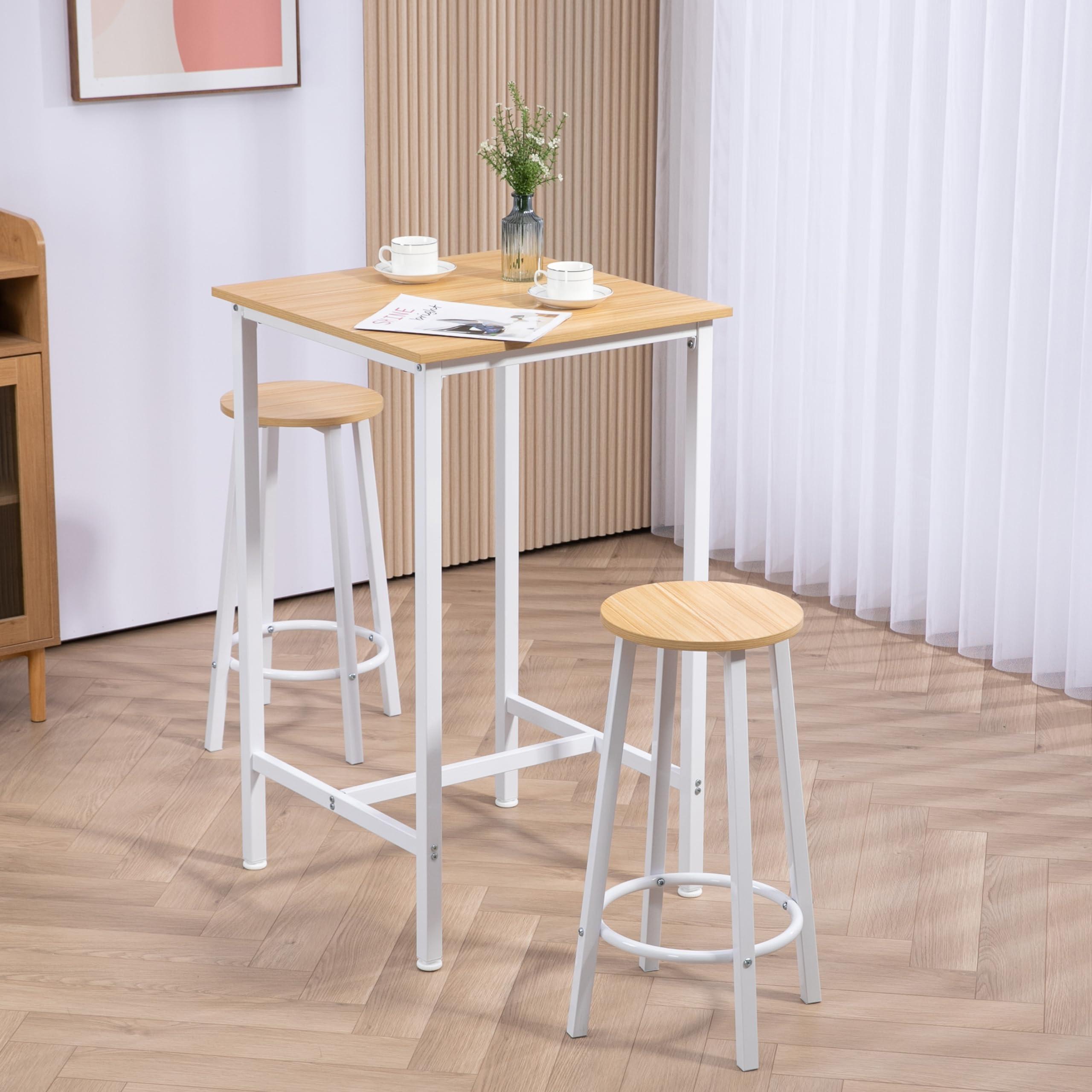Finnhomy Finnhomy Bar Table Set, 23.6\" Pub Table High Top Table, Square Bar Height Table, Bar Table with Stools, Kitchen Table Set for 2, Industrial Breakfast for Kitchen, Living Room, Oak Beige and White