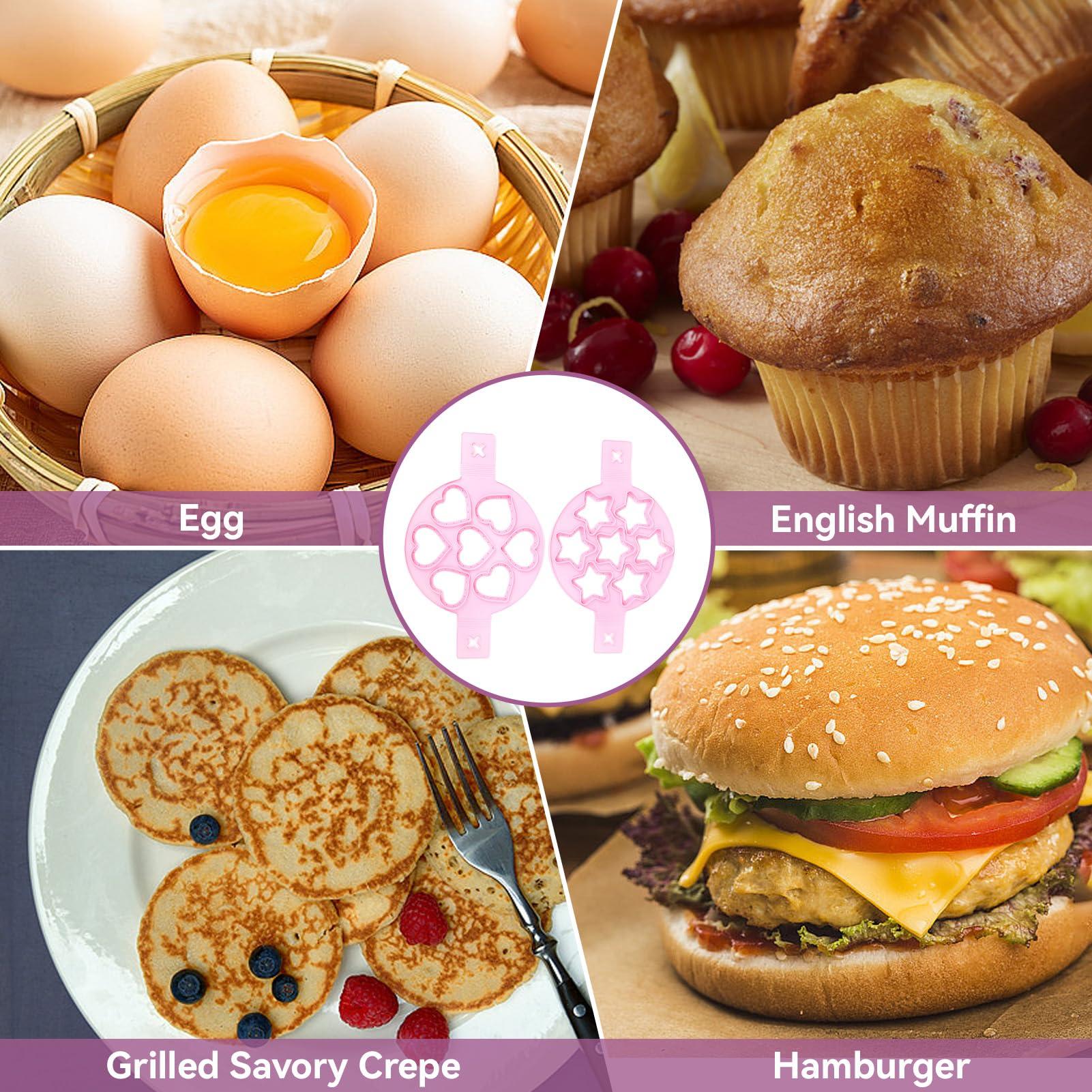 Beufee Pancake Mold, 2 PCS Silicone Eggs Pancake Making Mold, Pancake Molds Ring Fried Egg Mold Pink Non Stick Egg Ring Egg Cooker Pan Flip Mold Love and Heart Shapediy Kitchen Accessories
