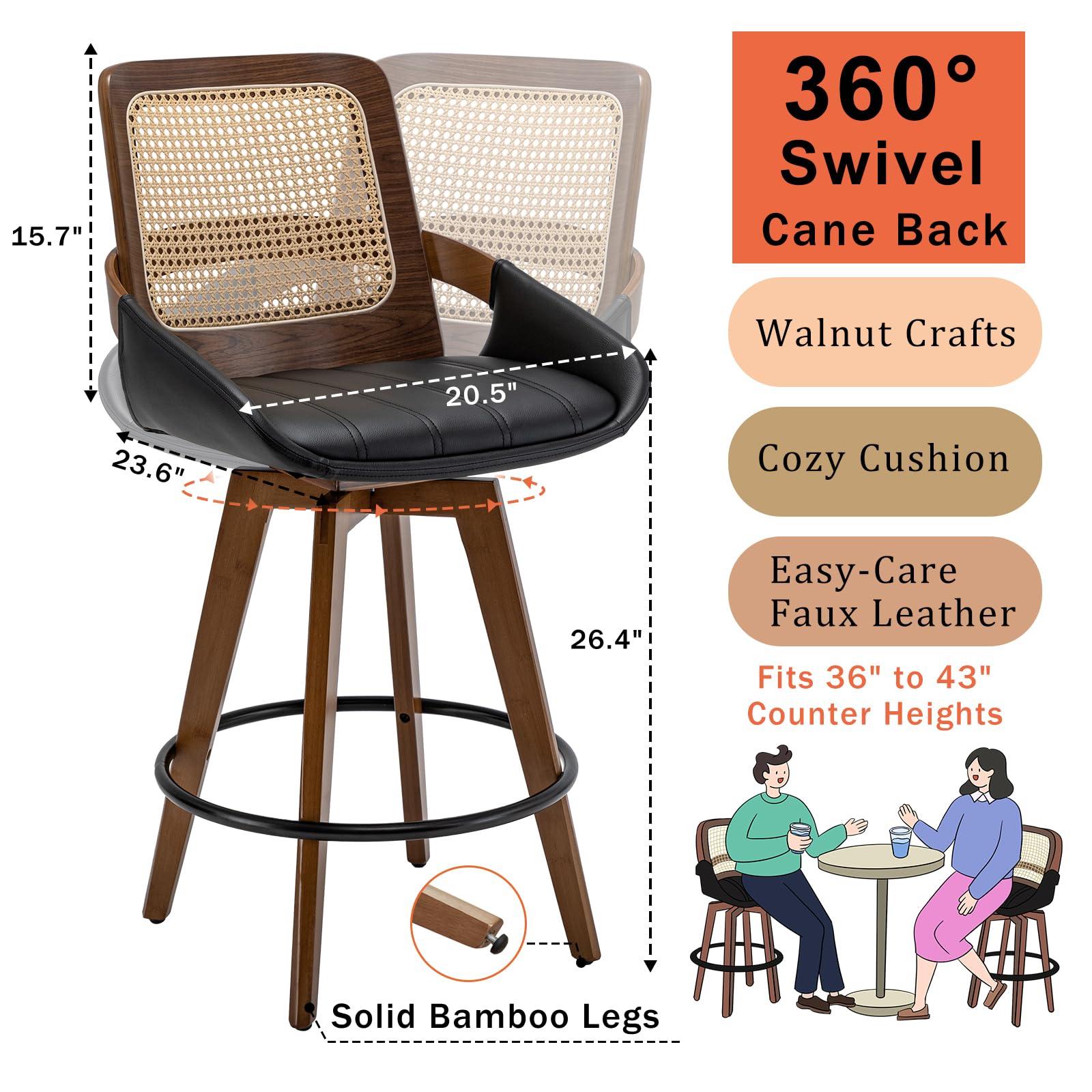 KUNZENT Set of 2 Swivel Rattan Counter Stools - 26.4 inch Mid Century Modern Bar Stools with Cane Back, Upholstered Seat, Curved Arms, Faux Leather Bar Stools for Kitchen/Island/Counter (Walnut Black)