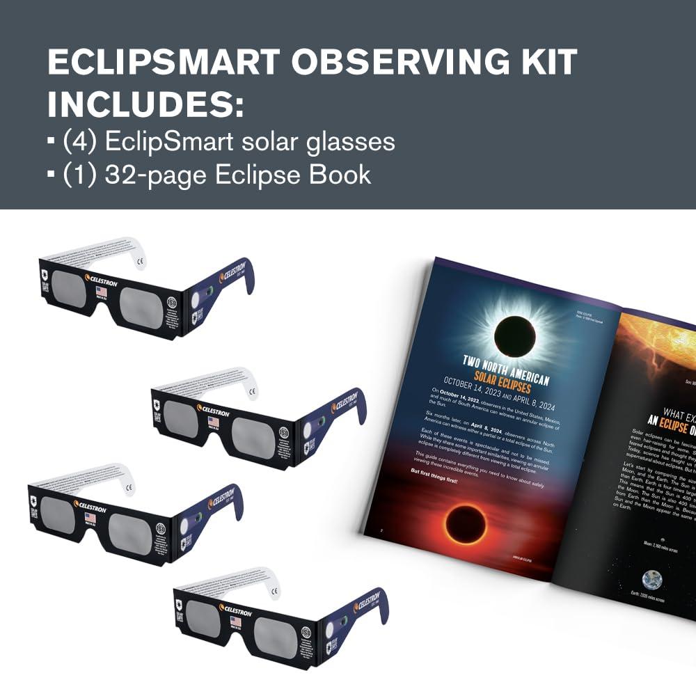 Celestron Celestron  EclipSmart Solar Shades Observing Kit  Meets ISO 12312-2:2015(E) Standards  Four Eclipse Glasses & Guidebook  Perfect for Safe Sun Viewing and Sunspots
