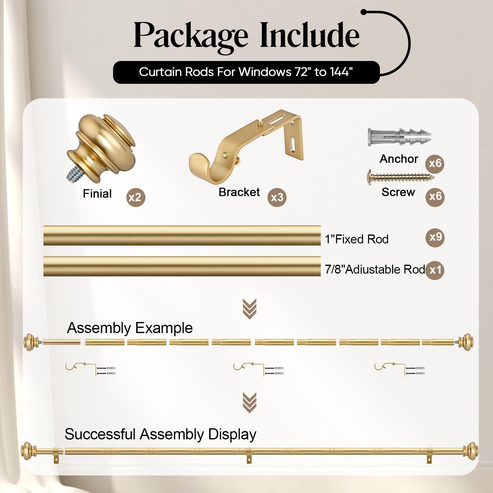 SIMEWIN SIMEWIN Heavy Duty Curtain Rods for Windows 72 to 144 Inches, 1 Inch Gold Curtain Rods for Bedroom, Living Room, Patio, Kitchen, Adjustable Curtain Rods with Classic Finials, Gold Finishing