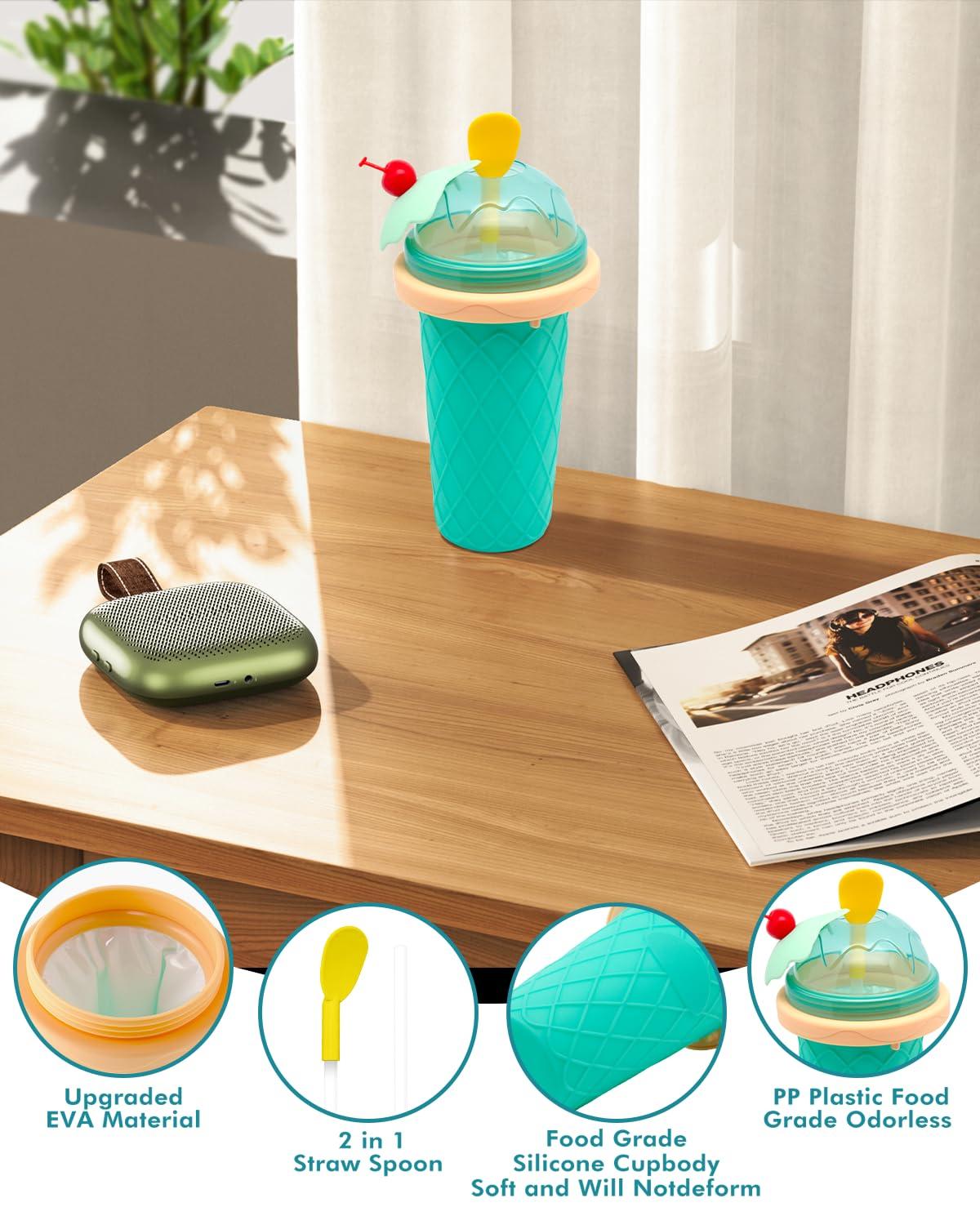 Bollove Slushie Cup, Smoothie Cups with Lids & Straws, Slushy Cup for Juices, Milk and Ice Cream Make, Portable Frozen Magic Slushie Cup Maker for Kids, Friends and Family (Green)