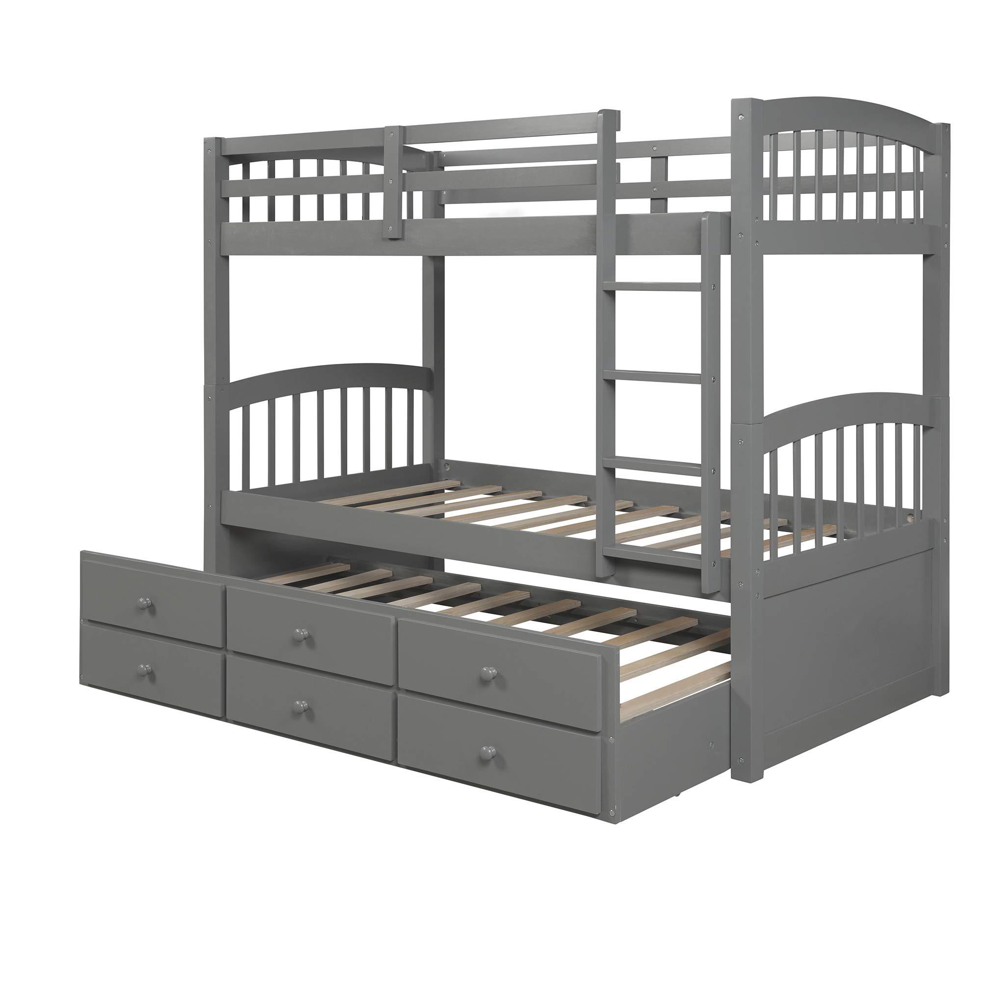 XD Designs XD Designs Twin Over Twin Bunk Bed with Trundle Bed and 3 Storage Drawers, Solid Wood Bed Frame with Ladder/Safety Rail for Kids, Teens Bedroom (Grey)