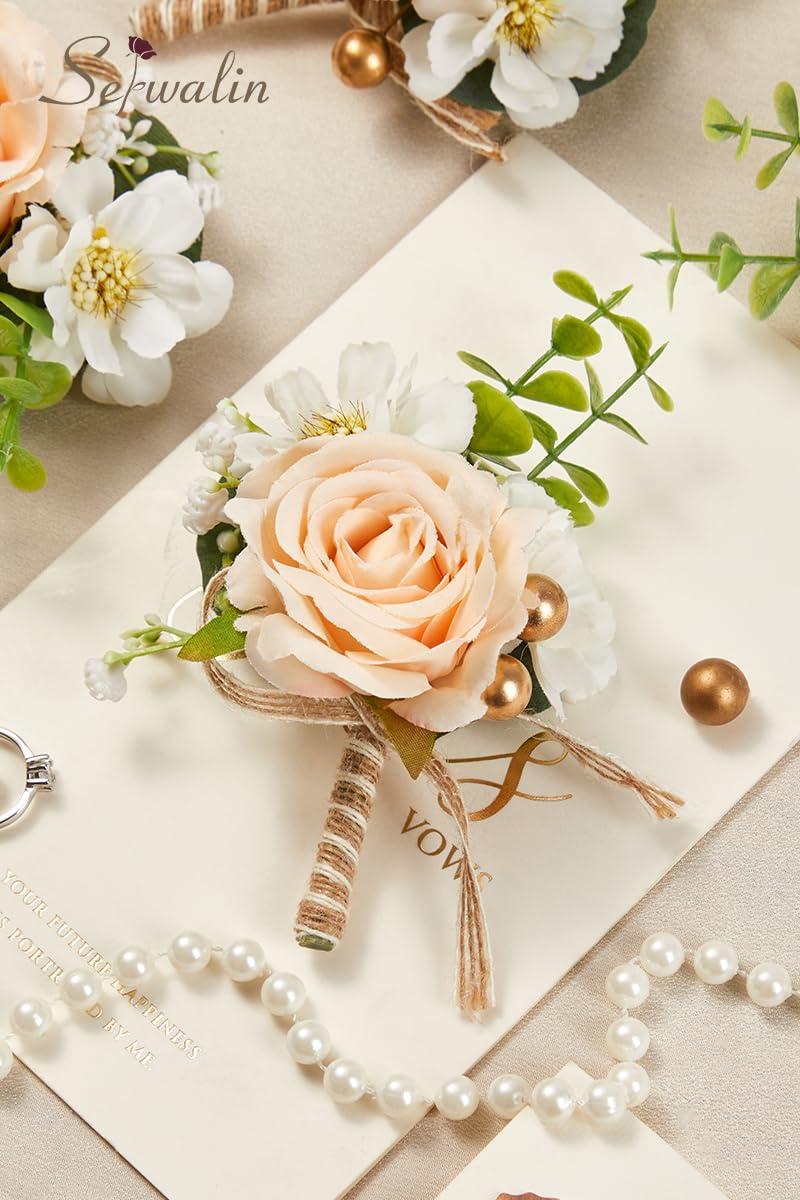 Serwalin Serwalin 6 Pcs Champagne Boutonniere for Men Wedding