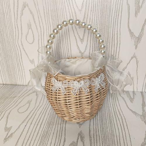 JUOPZKENN JUOPZKENN Rattan Flower Basket,Pearl Flower Girl Basket Rattan Basket Flower Girl Bag Rustic Flower Girl Basket Wicker Basket for Wedding Flower Girl Accessories(18cm / 7.1in-White 2)