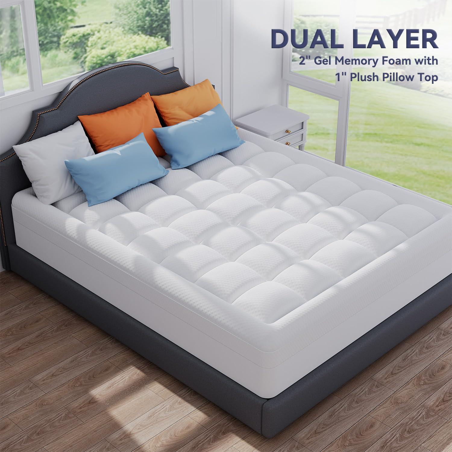 ELEMUSE ELEMUSE Dual Layer 3 Inch Memory Foam Mattress Topper King, 2 Inch Cooling Gel Memory Foam Plus 1 Inch Down Alternative Pillowtop Mattress Pad, Viscose Made from Bamboo Cover, Soft Comfort Support