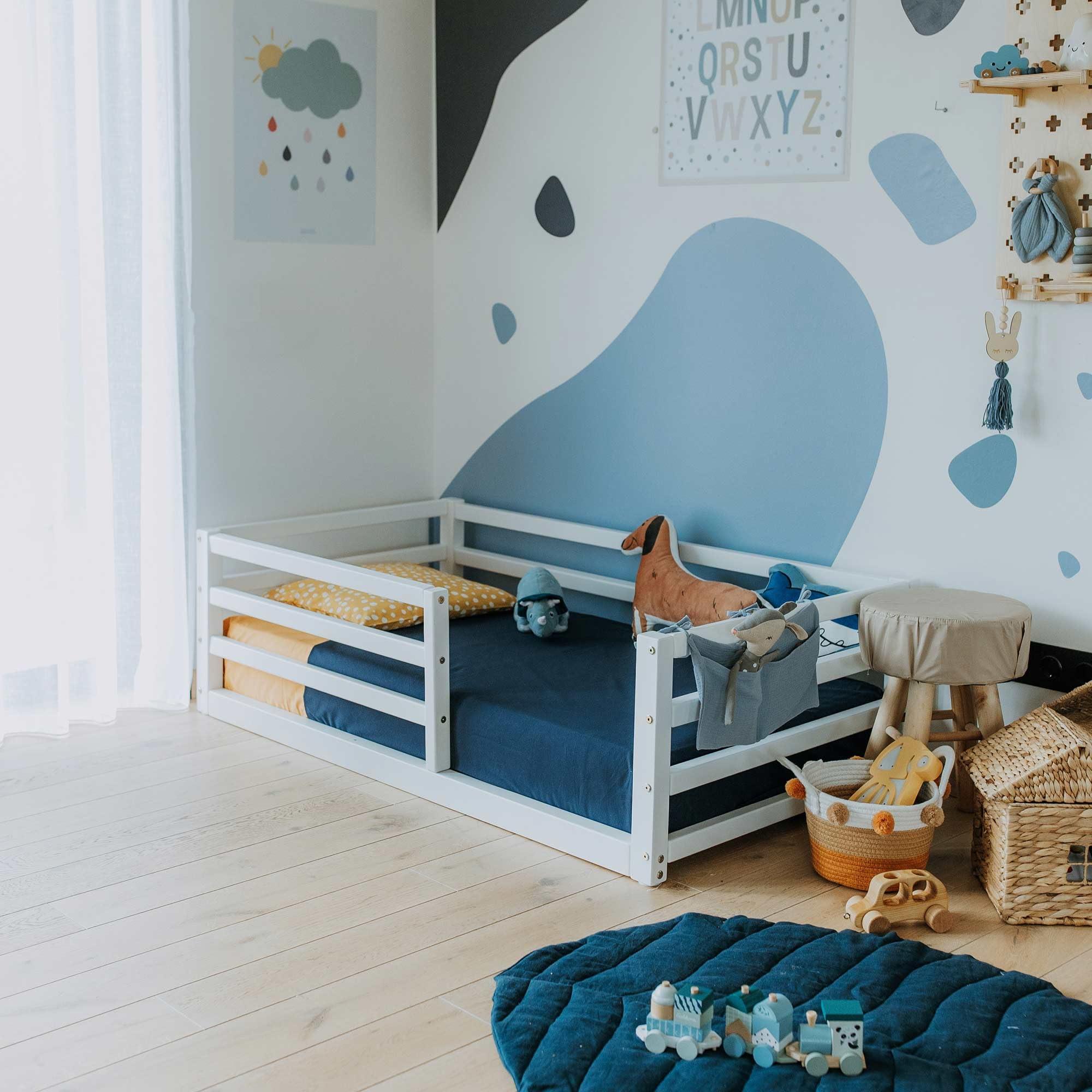 Sweet Home From Wood Montessori toddler bed with rails, Toddler floor bed with rails, Montessori floor bed with rails for kids, Wooden floor bed, Montessori furniture (Twin, White)