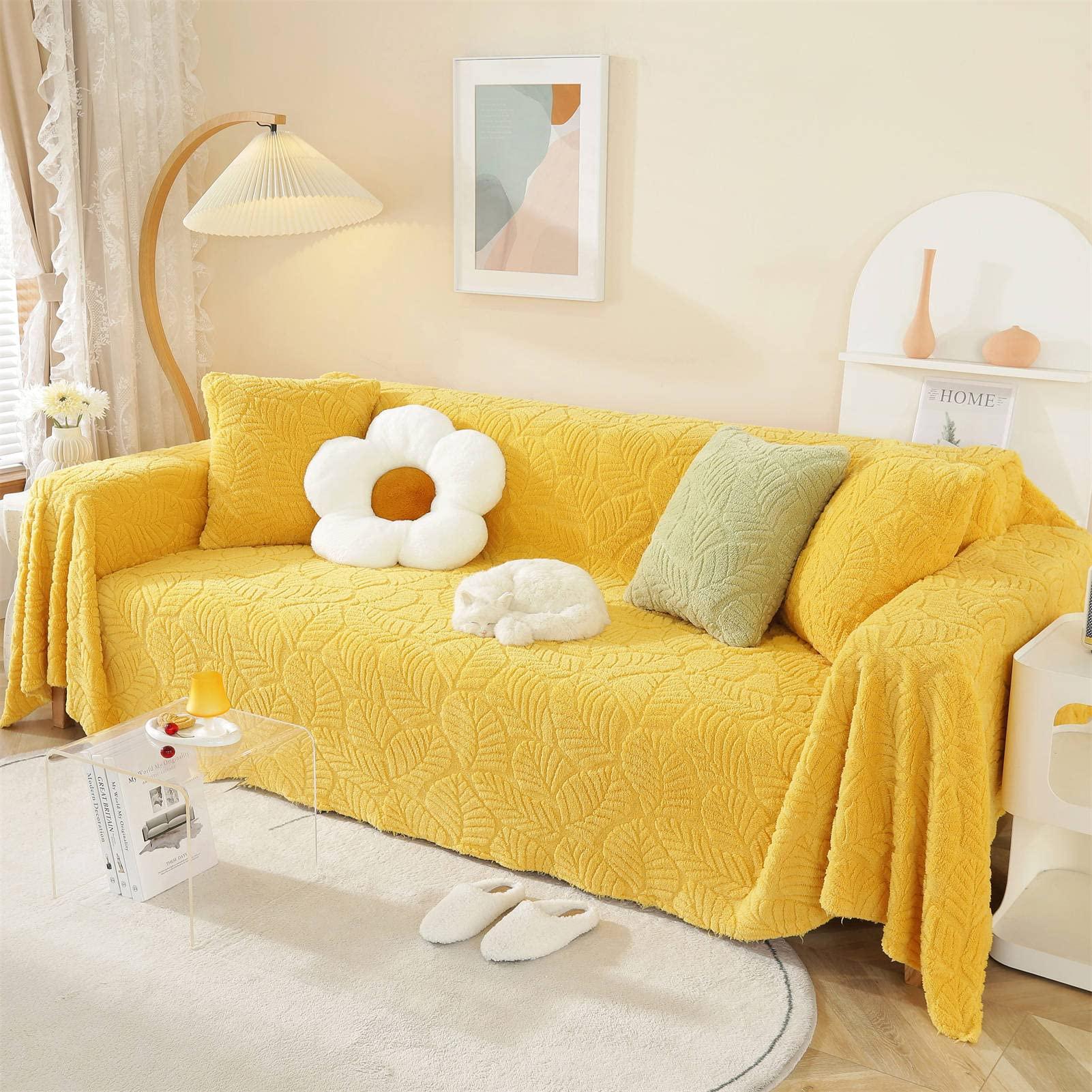 SPOUR Throws for Sofas Large Throws for Settees, Soft Cozy Warm Fluffy Jacquard Blanket for Couch Beds Sofa, Solid Color Sofa Throw Blanket (Yellow-A,180x130cm)
