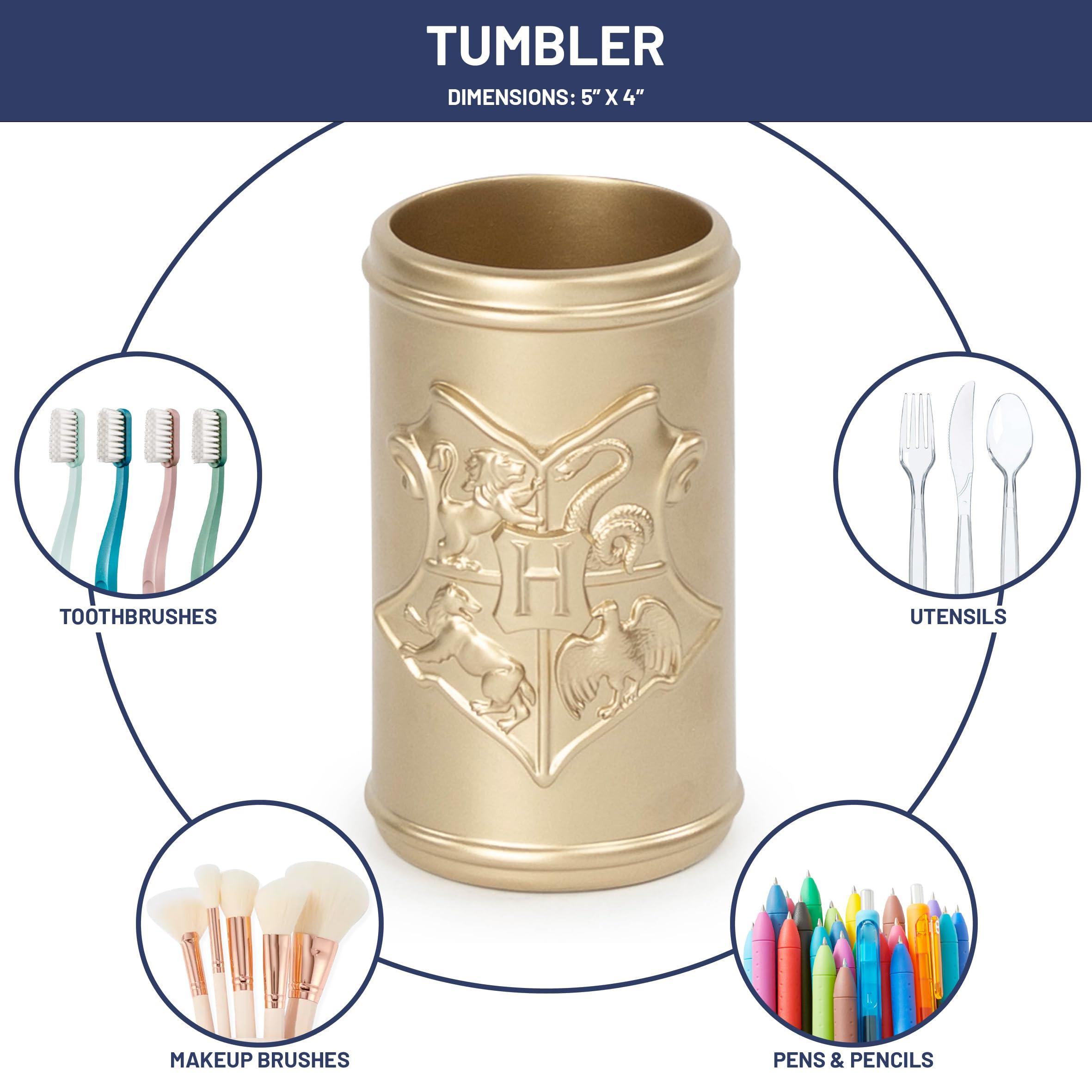 Jay Franco Harry Potter Bathroom Organizer Set - 4 Piece White and Gold Hogwarts Crest Accessories includes Resin Soap Dispenser, Soap Dish, Toothbrush Holder and Tumbler - Bathroom Dcor