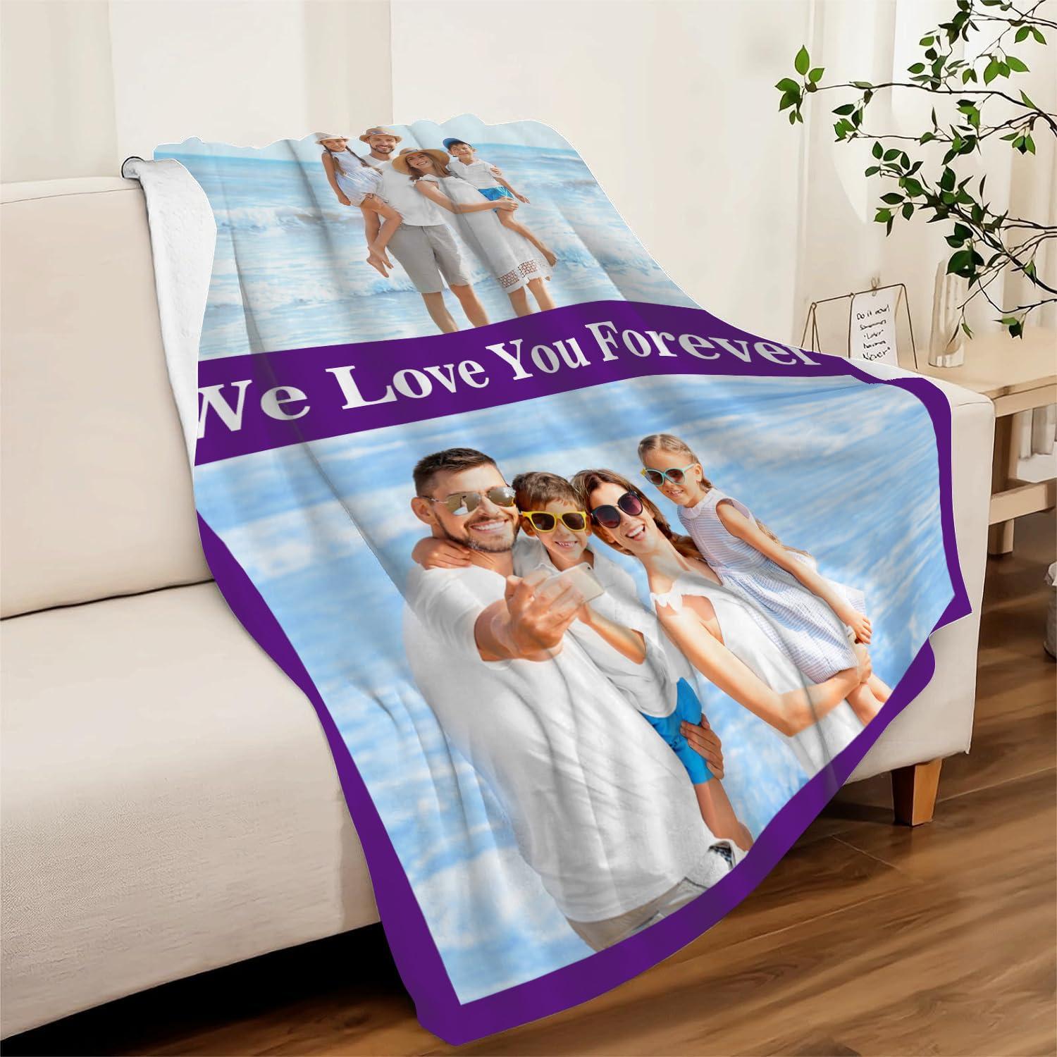 Pzwqkyn Personalized Blankets with Photos & Text, Customized Blankets with Pictures, Custom Throw Blankets for Adult Kid Birthday Christmas Halloween Fathers Mothers Valentines Day Gift, 40\" W x 50\" L