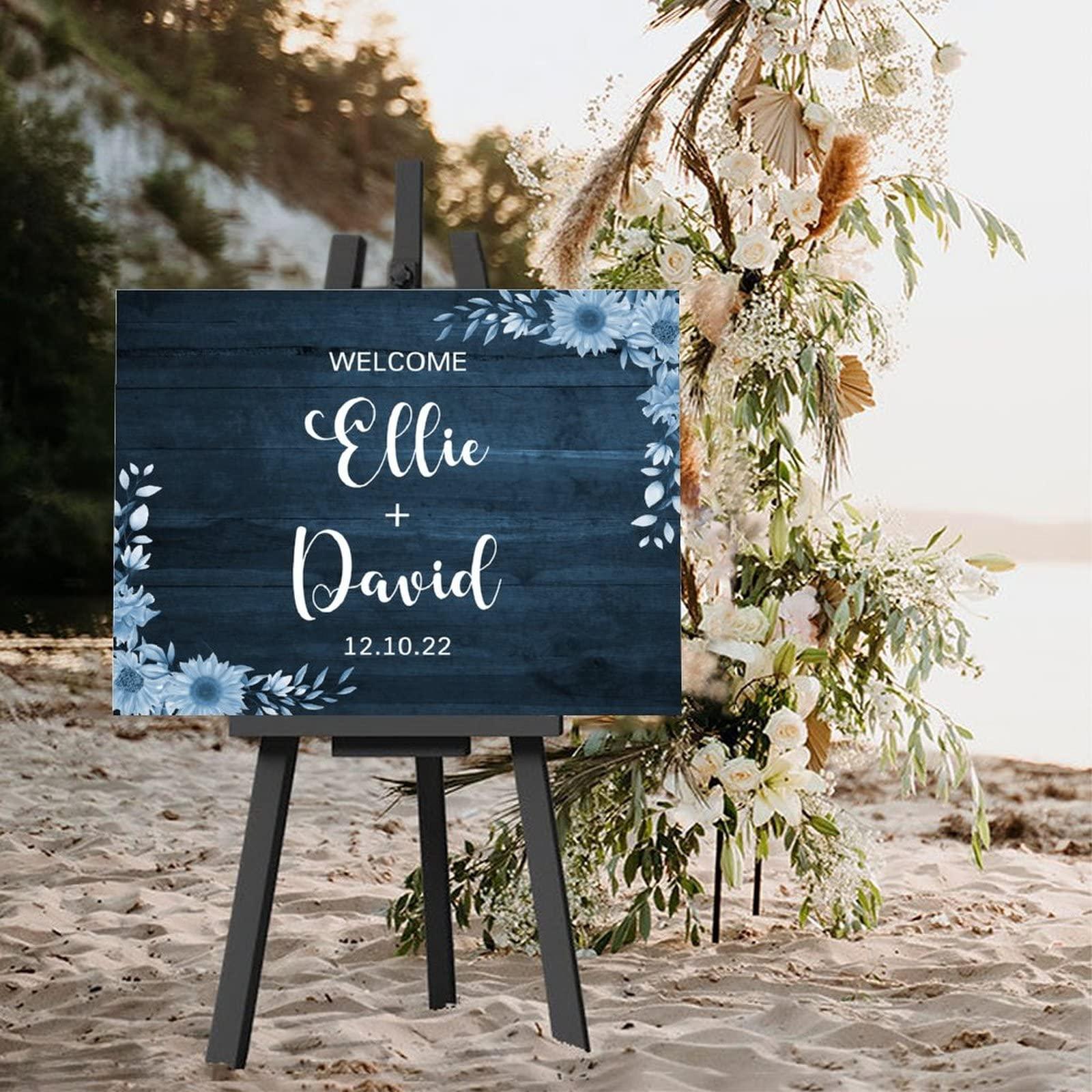 Alioyoit Rustic Wood Wedding Sign Floral Blue Wood Wooden Wedding Welcome Sign Customizable Wedding Reception Ceremony Sign Perfect for Wedding Anniversary Engagement Party Decor Wedding Gift 12x16 Inch