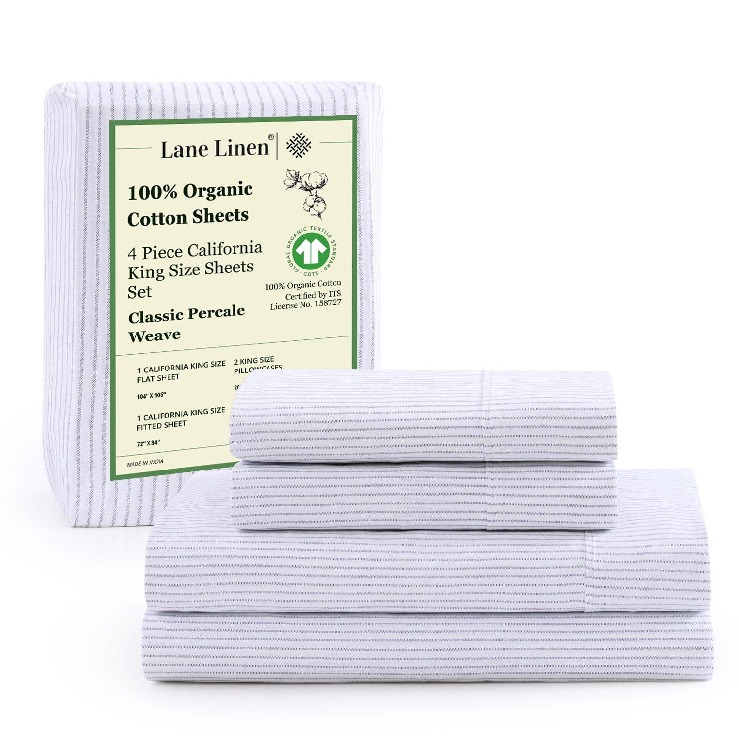LANE LINEN LANE LINEN 100% Organic Cotton California King Sheets Set, 4-Piece Organic Cotton Long Staple Percale Weave Soft Bedding Sheets for Bed, Breathable, Fits Mattress Upto 15\" Deep - Blue Ticking Stripe