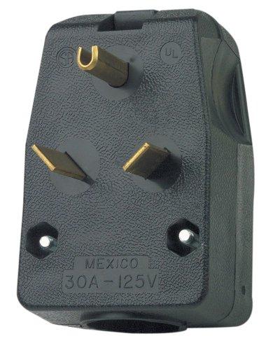 Leviton Leviton 830-T 30 Amp, 125 Volt, Travel Trailer Vinyl Grounding Angle Plug, Black