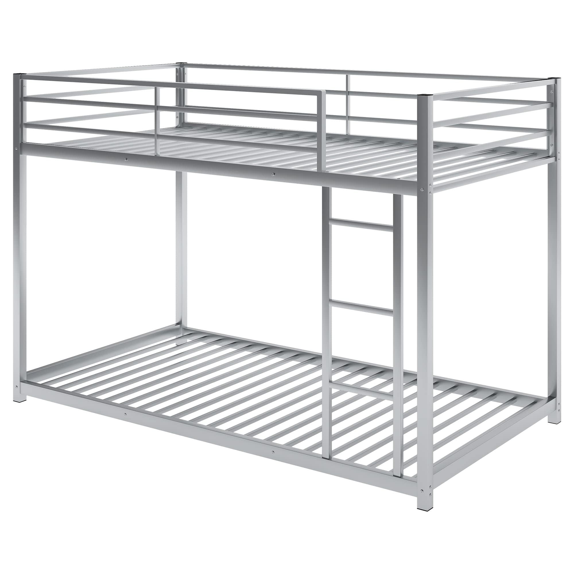 Majnesvon Full Over Full Bunk Bed, Heavy Duty Metal Bunk Bed Frame with Safety Guard Rails and Built in Ladder for Kids Teens Adults No Box Spring Required (Silver, Twin/Twin)