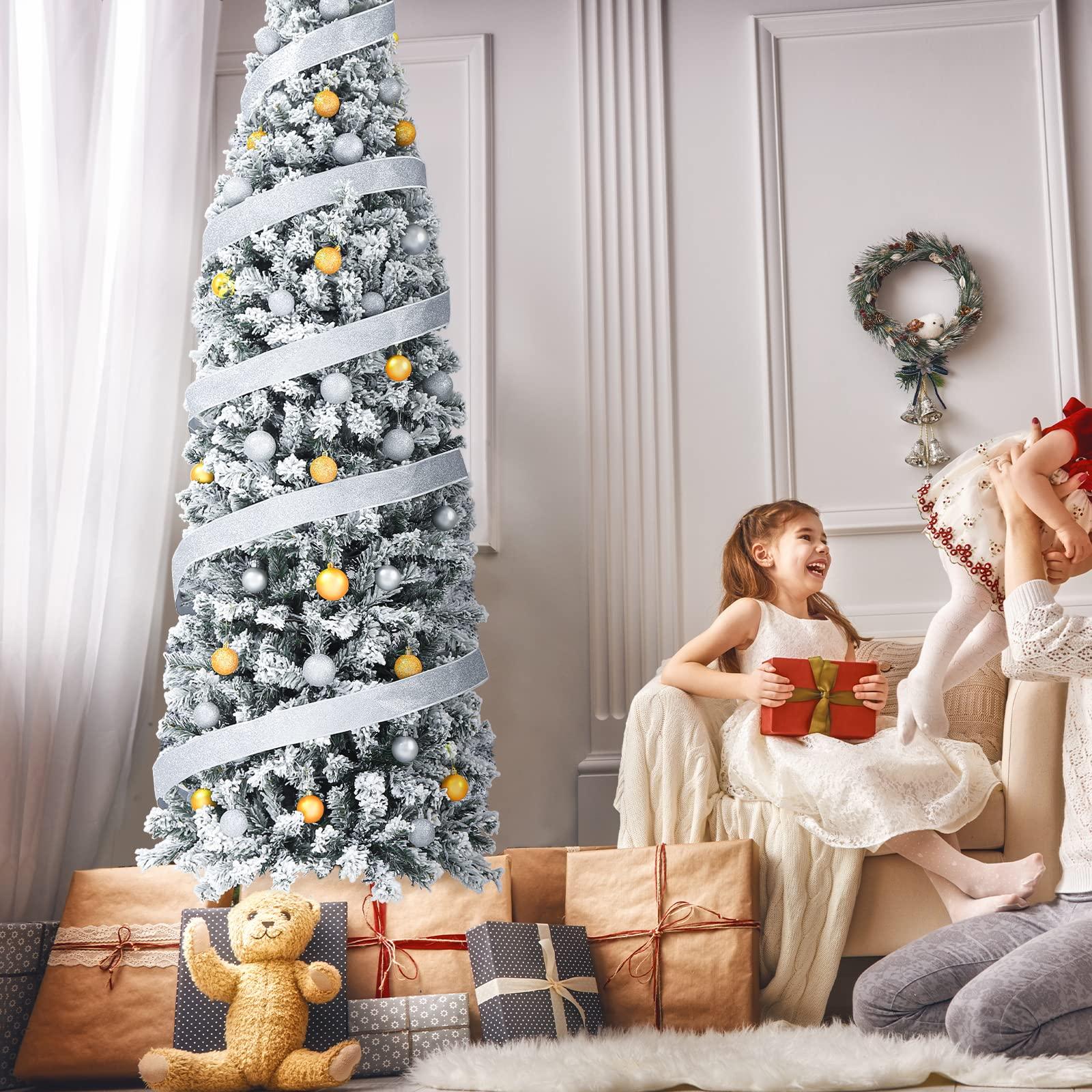 MVSRWLL 7.5FT Prelit Pencil Christmas Tree Artificial Snow Flocked Slim Skinny Christmas Trees with 350 LED Warm White Lights for Christmas Indoor Outdoor Decoration