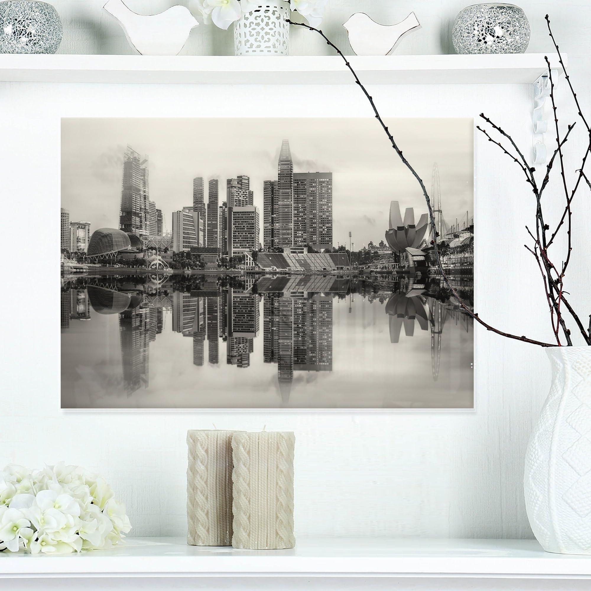 Design Art Design Art Singapore Skyline View Panorama Cityscape Metal Wall Art, 30\'\' H x 40\'\' W x 1\'\' D 1P, Black/White