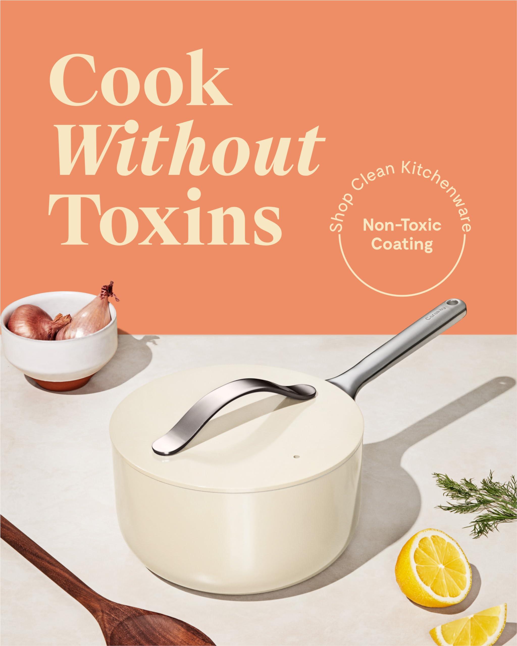 Caraway Caraway Nonstick Ceramic Sauce Pan with Lid (3 qt) - Non Toxic, PTFE & PFOA Free - Oven Safe & Compatible with All Stovetops (Gas, Electric & Induction) - Cream