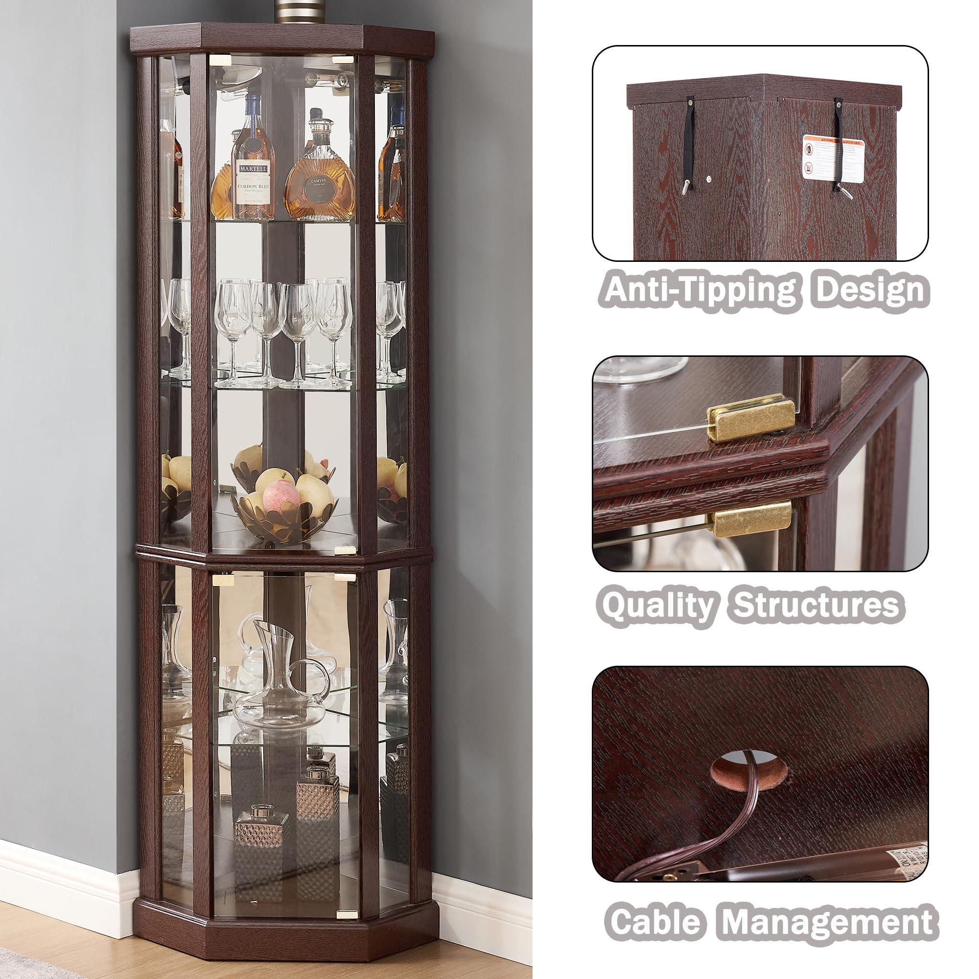 XZTUAJ XZTUAJ 69" H Lighted Corner Curio Cabinet Display Case With Adjustable Shelves, Tempered Glass, Mirrored Back Panel for Living Room (Dark Cherry)
