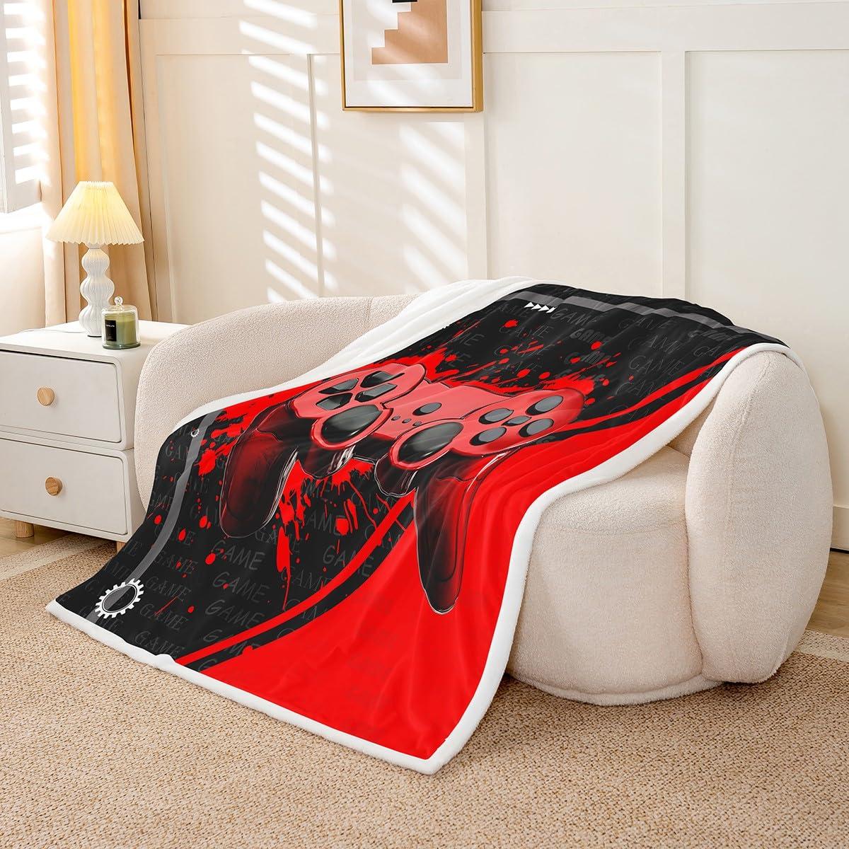 Homewish Homewish Gaming Gamepad Kids Throw Blanket,Video Games Controller Fashion Bed Blanket for Boys Girls Men,Geometric Patchwork Tie-dye Fleece Blanket,Red Black Fuzzy Blanket,Queen Size (90 x 90 Inches)