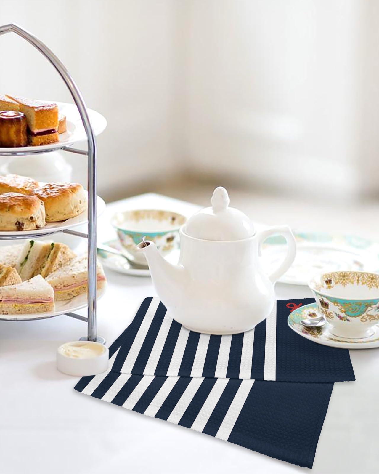 Falaniique Navy Waffle Kitchen Dish Towels Set of 2,Super Absorbent & Quick Dry Hair Hand Bath Tea Golf Microfiber Towel,Soft Gym Towel Cleaning Dish Washcloth,Summer Beach Blue Stripes Nautical Anchor 12\"x12\"