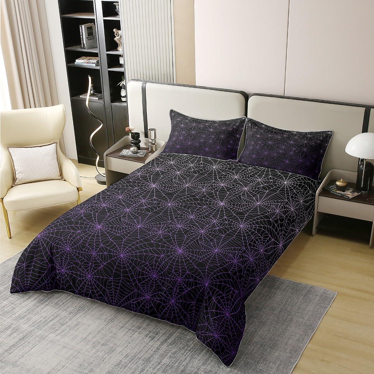 Erosebridal 100% Cotton Spider Web Bedding Set Full Size Halloween Duvet Cover Geometric Stripes Lines Comforter Cover Purple Ombre Quilt Cover for Adult Men Women Soft Comfy Bedroom Decor, Black White