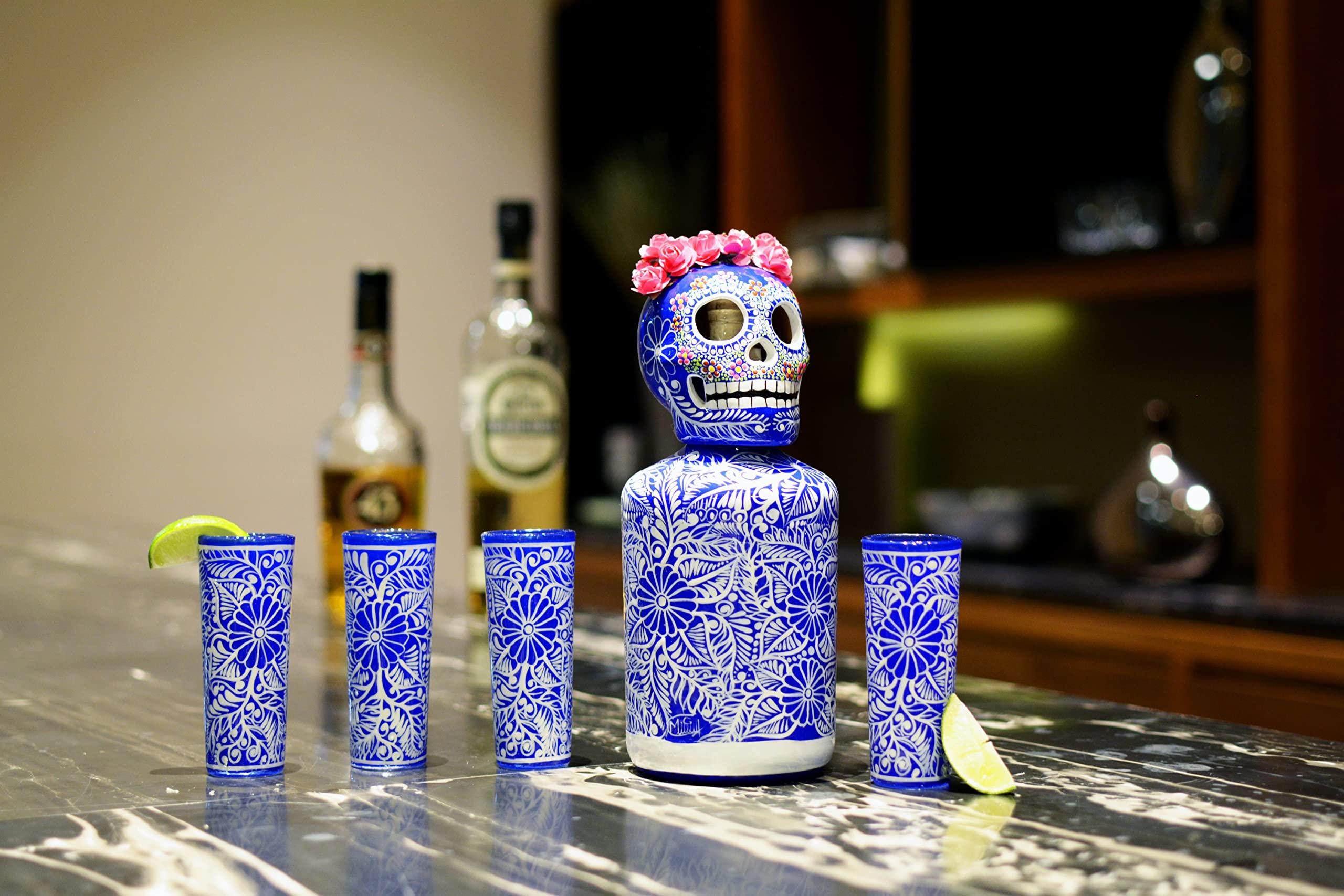 Mexskeletons Personalized Tequila Decanter Set, Liquor Decanter with Shot Glasses and Mexican Sombrero, Hand-painted Decanter, Skull Decanter, Bar Decoration, Unique Tequila Gift (Blue Catrina Set)