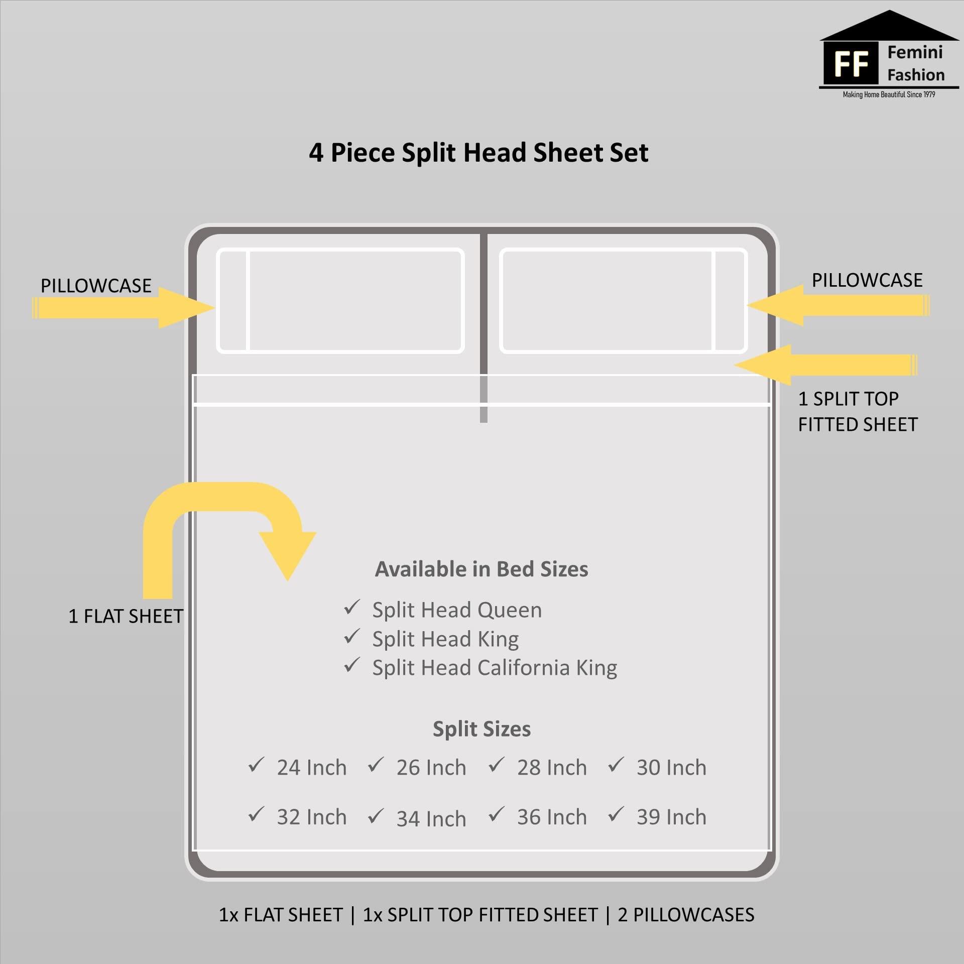 Femini Fashion Top Split-Head Cal-King Sheet Set for Adjustable Bed, FlexTop 1000 Thread Count 100% Long Staple Egyptian Cotton, 12" Deep Pockets, 28" Split Top |Mediterranean Blue, Split-Head Cal-King - 28|