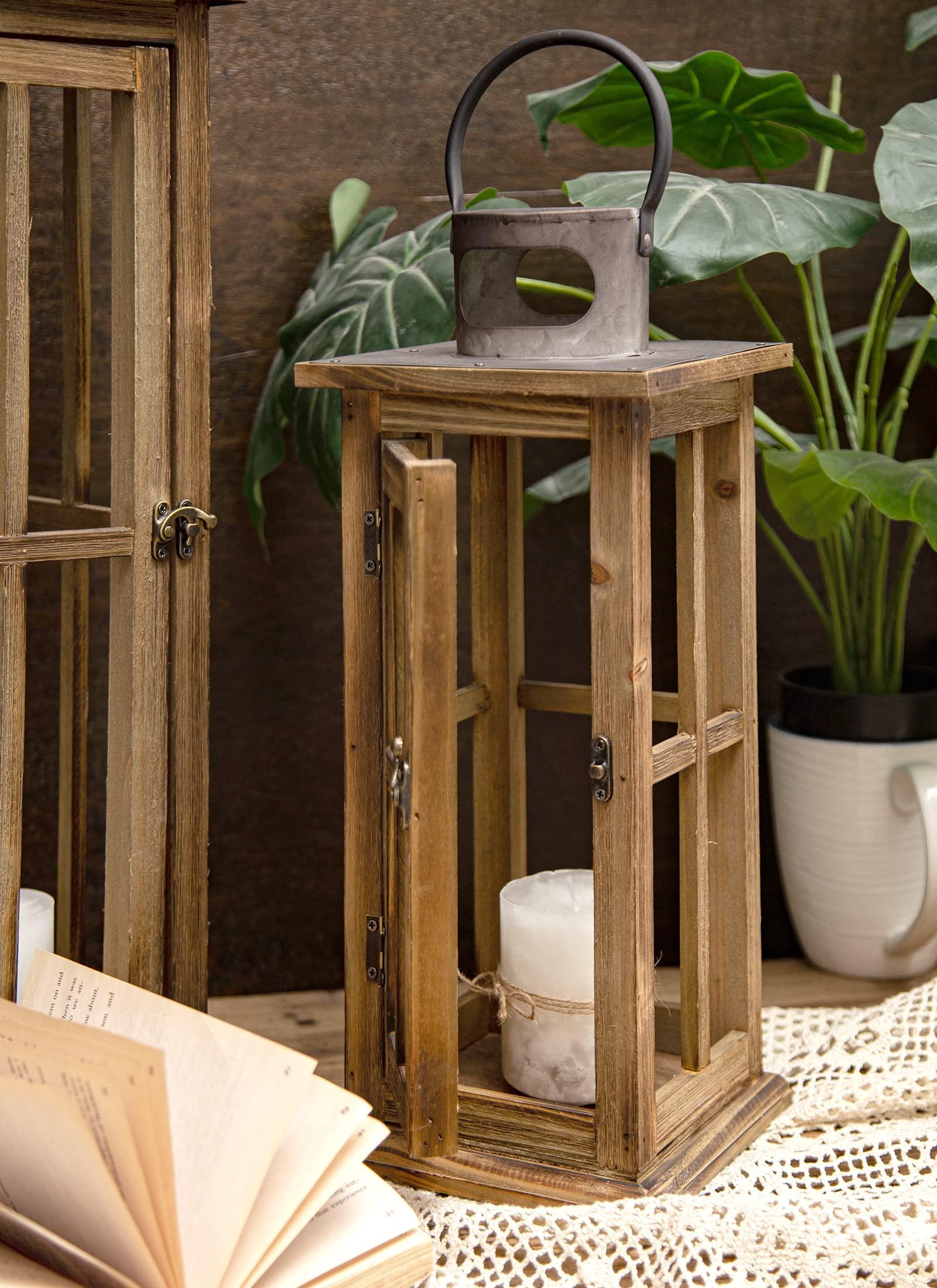 TIMRIS TIMRIS Large Farmhouse Wooden Metal Lantern Set of 2, Rustic Decorative Floor Candle Lanterns, Vintage Distressed Hanging Lanterns for Home Dcor (No Glass)