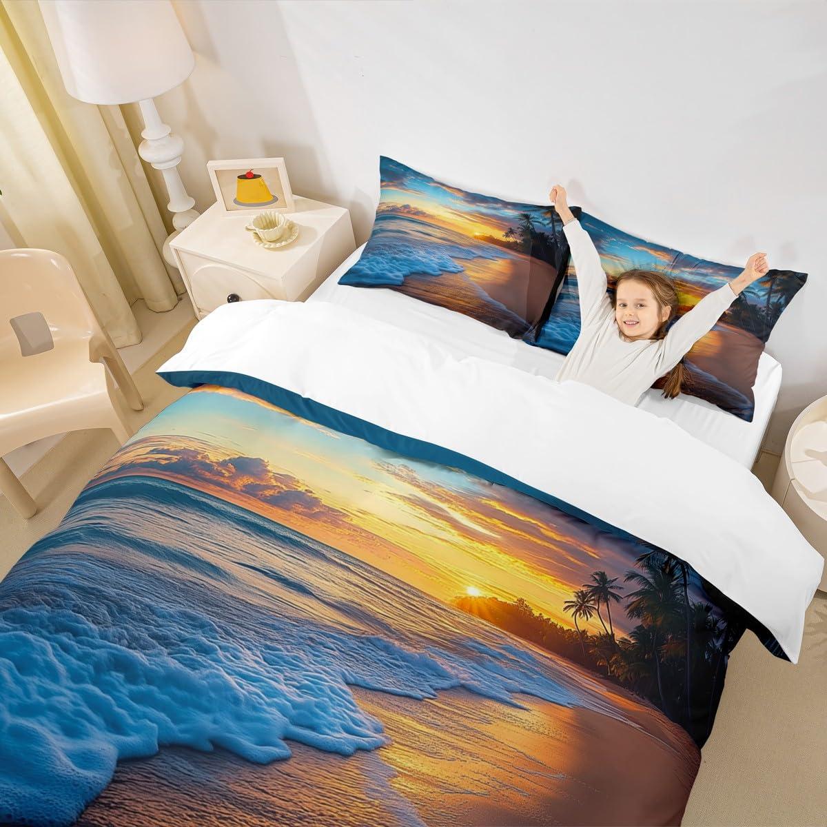 Erosebridal Beach Duvet Cover Full Ocean Bedding Kids Girls Boys Hawaiian Sea Waves Comforter Cover Tropical Sunset and Sea Beach Nature Theme Print bedding Botanical Beach House Decorative Bedspread with Zipper