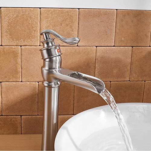 BWE Vessel Sink Faucet with Supply Line Brushed Nickel Deck Mount One Hole Single Handle Waterfall Bathroom Faucets Lavatory Mixer Tap Tall Body