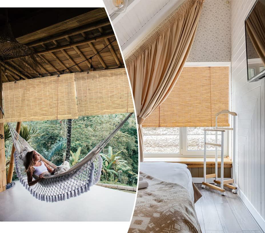 WAYRGN Outdoor Bamboo Shades for Patio Bamboo Roll up Blinds Curtains for Windows Waterproof, Porch Bamboo Rolling Curtains Breathable Corded Roller Shades