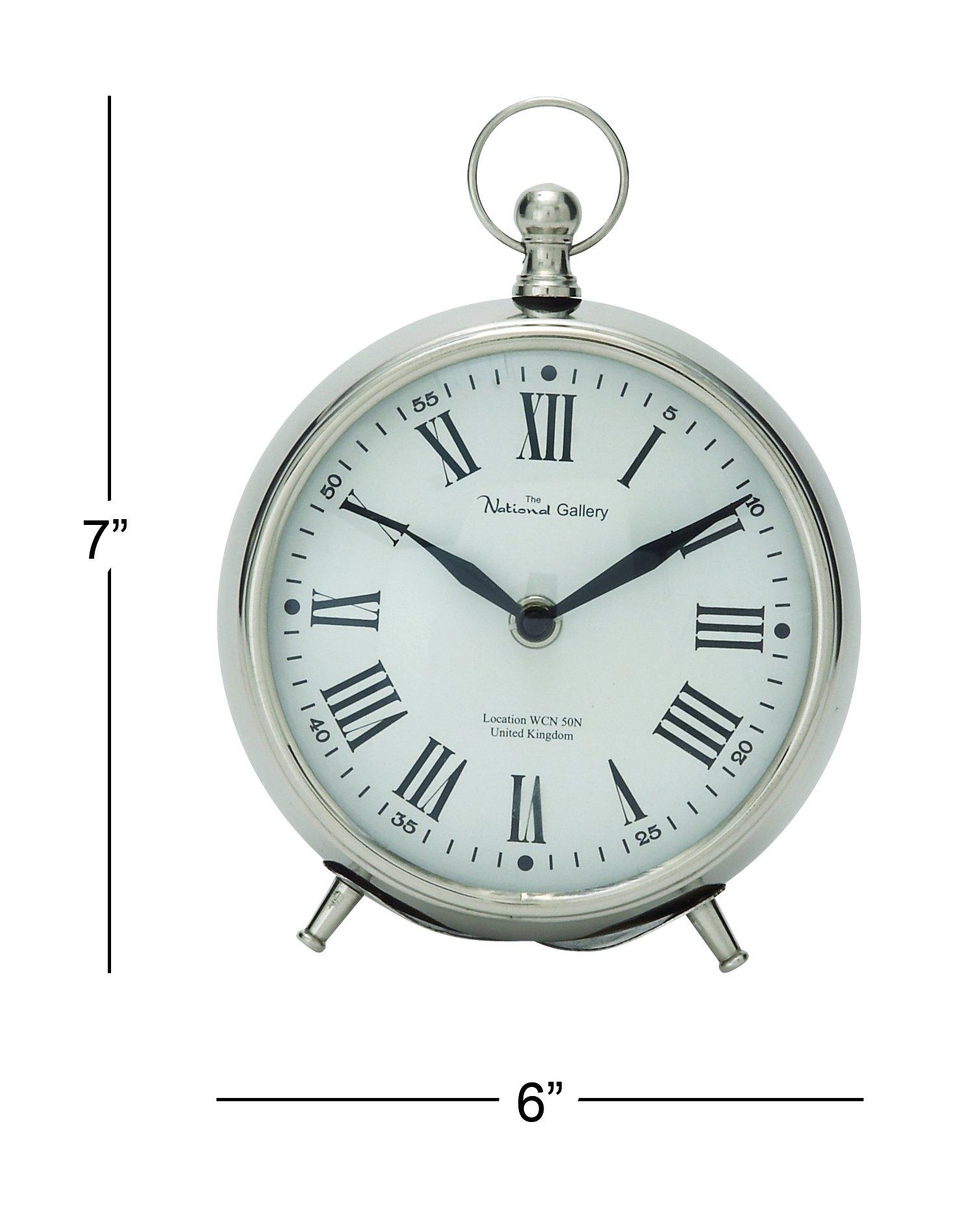 Deco 79 Deco 79 Stainless Steel Metal Decorative Clock Mantel Clock with Ring Top, Tabletop Clock 6\" x 3\" x 7\", Silver