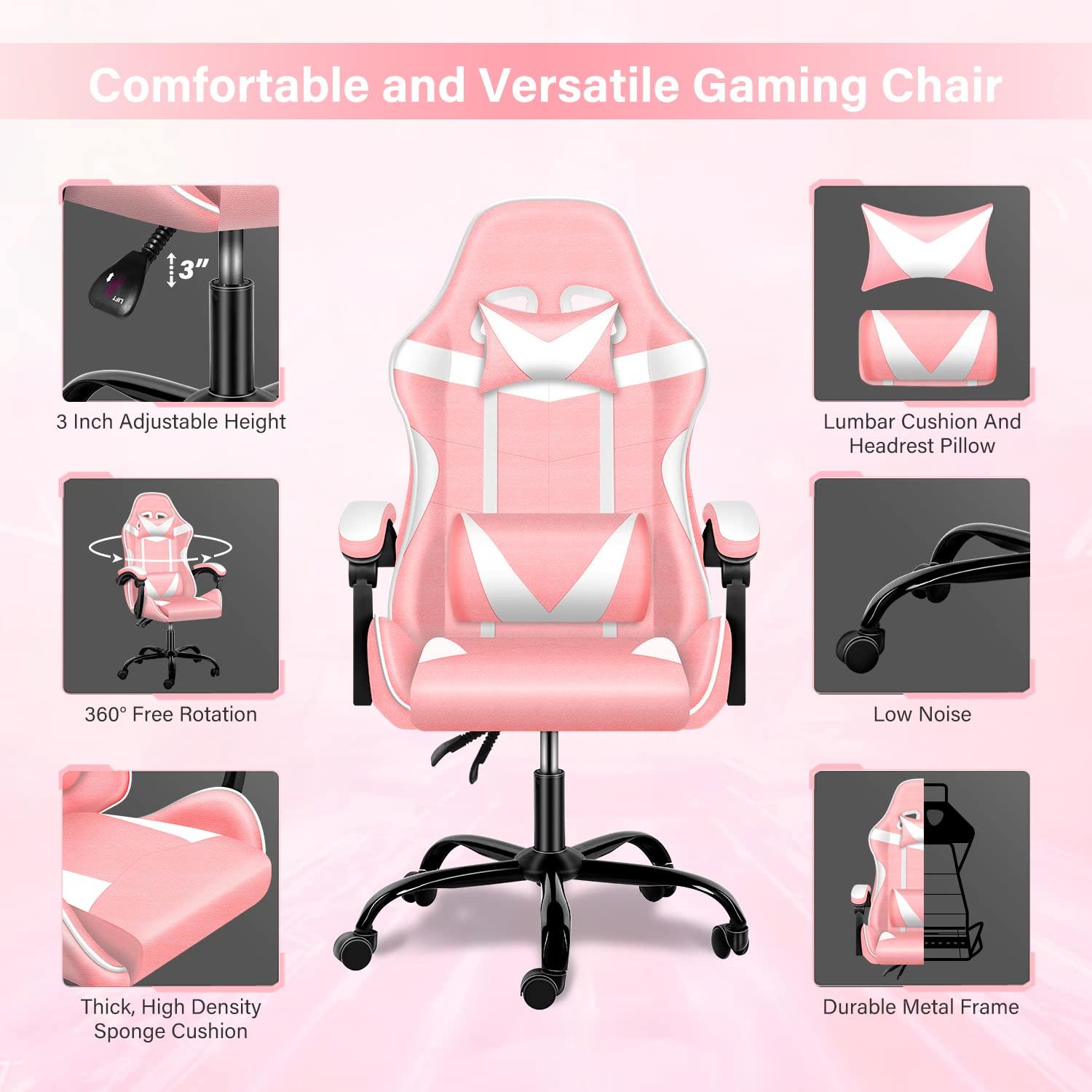 Simple Deluxe Pink Gaming Chair, Big and Tall Gamer Chair, Racing Style Adjustable Swivel Office Chair, Ergonomic Video Game Chairs with Headrest and Lumbar Support