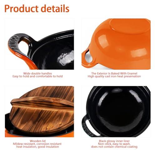 AILIBOO AILIBOO 2 Quart Dutch Oven Pot Round Cast Iron Enamel Cookware with Wooden Lid Soup Pot Mini Soup Pots- orange