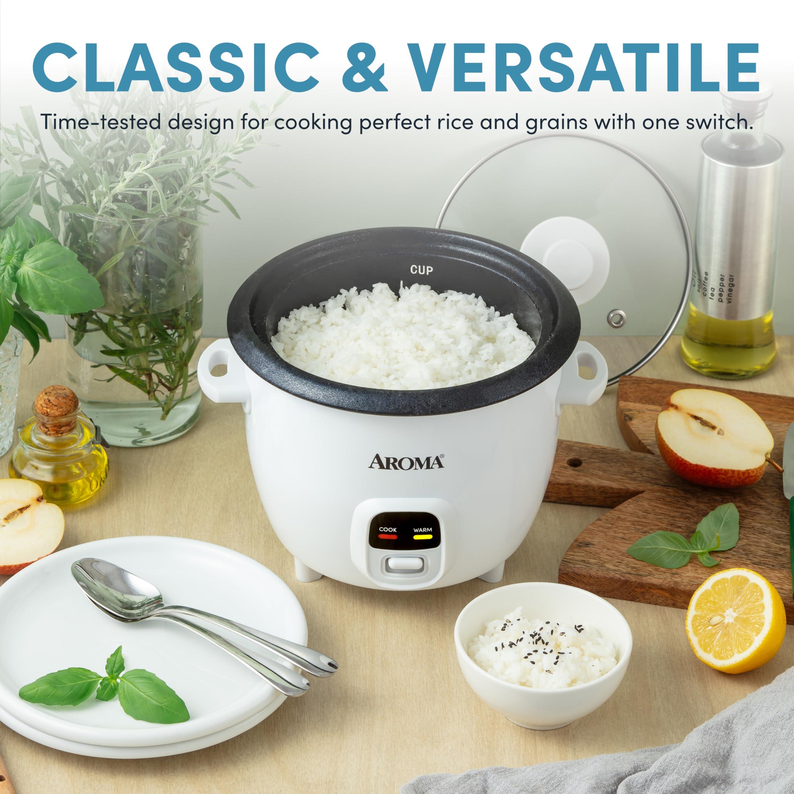 Aroma Housewares AROMA Rice Cooker, 3-Cup (Uncooked) / 6-Cup (Cooked), Small Rice Cooker, Oatmeal Cooker, Soup Maker, Auto Keep Warm, 1.5 Qt, White, ARC-393NG
